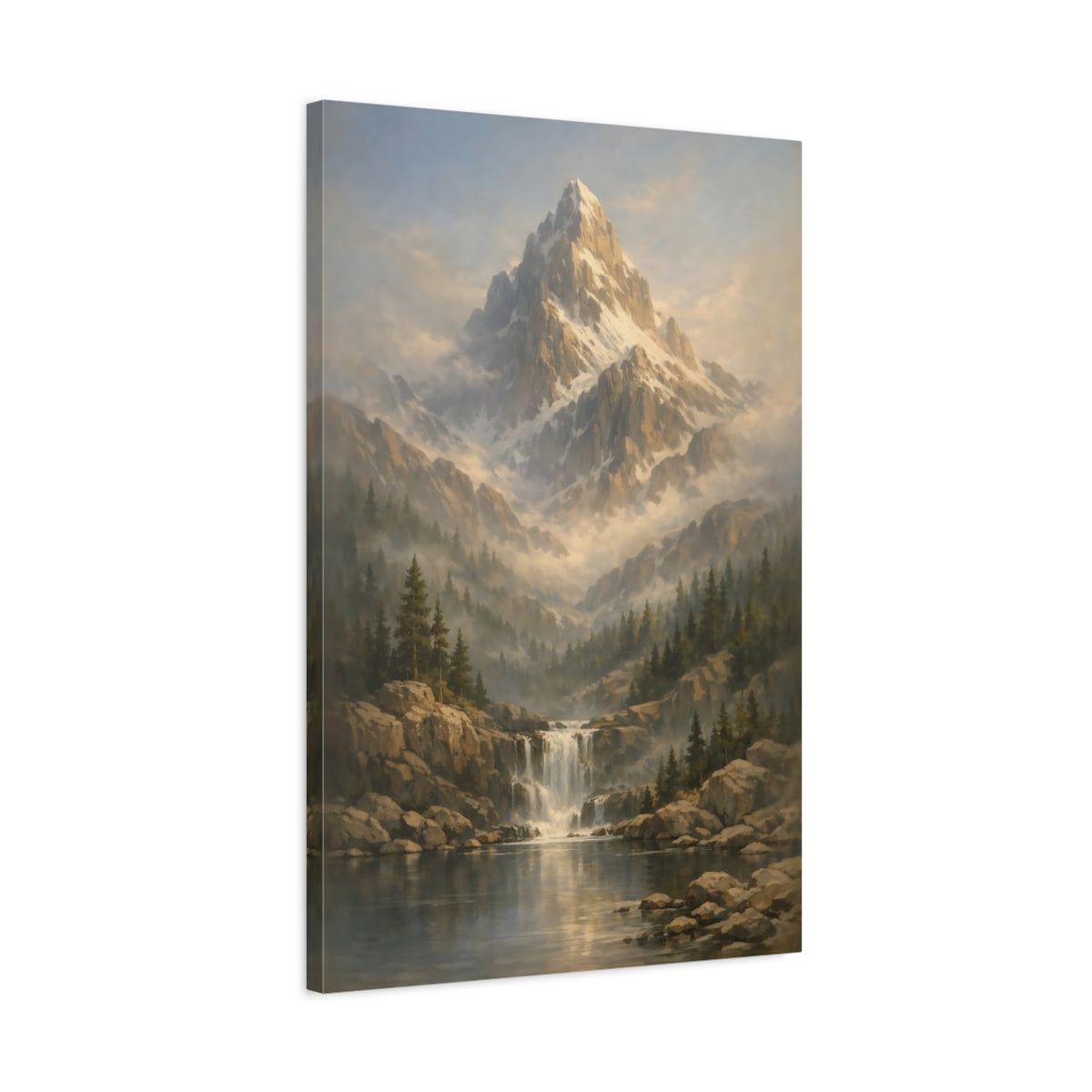 Side Mockup 2. Nature Snowy Mountain Mountain Waterfall shown as stretched canvas wall art