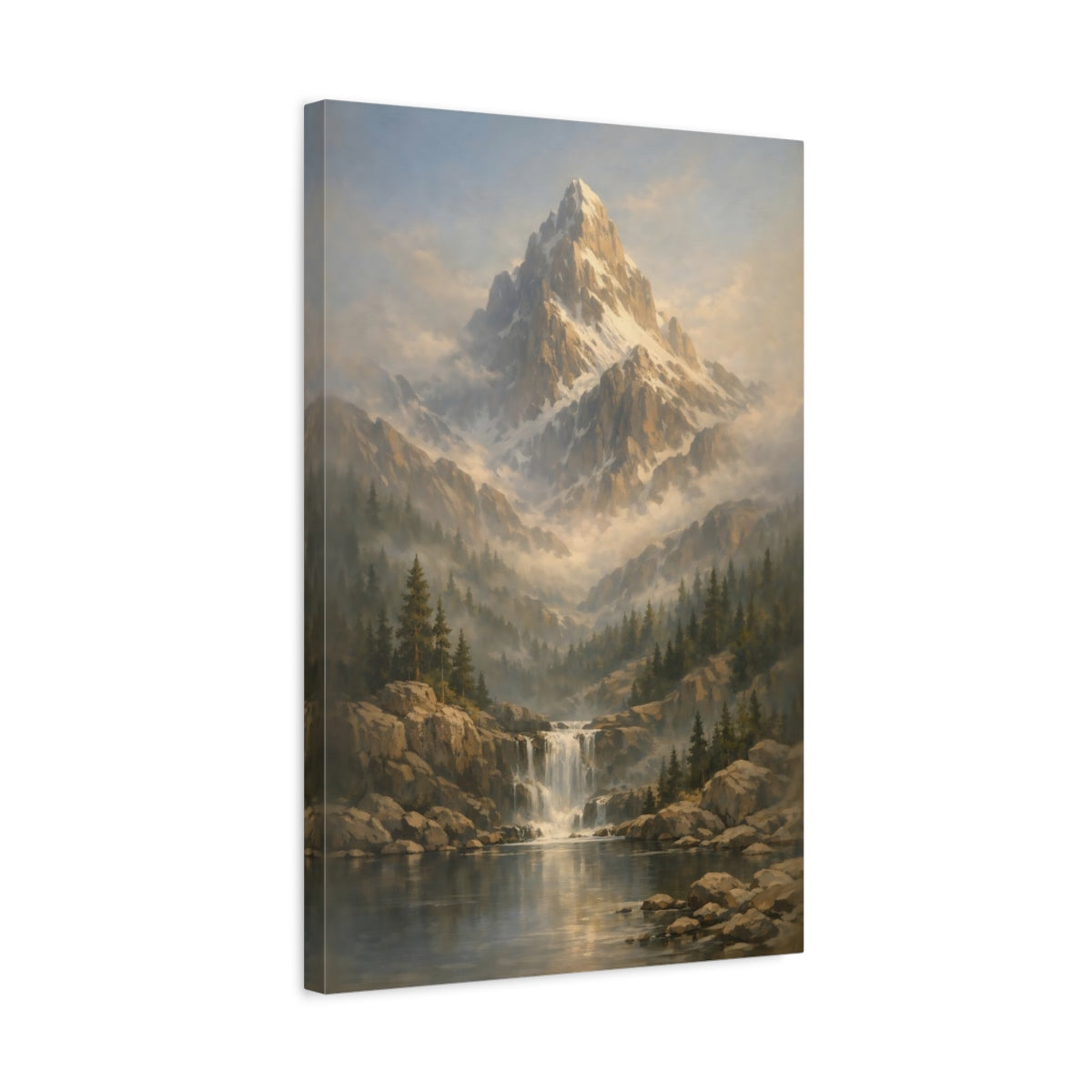 Side Mockup 3. Nature Snowy Mountain Mountain Waterfall shown as stretched canvas wall art
