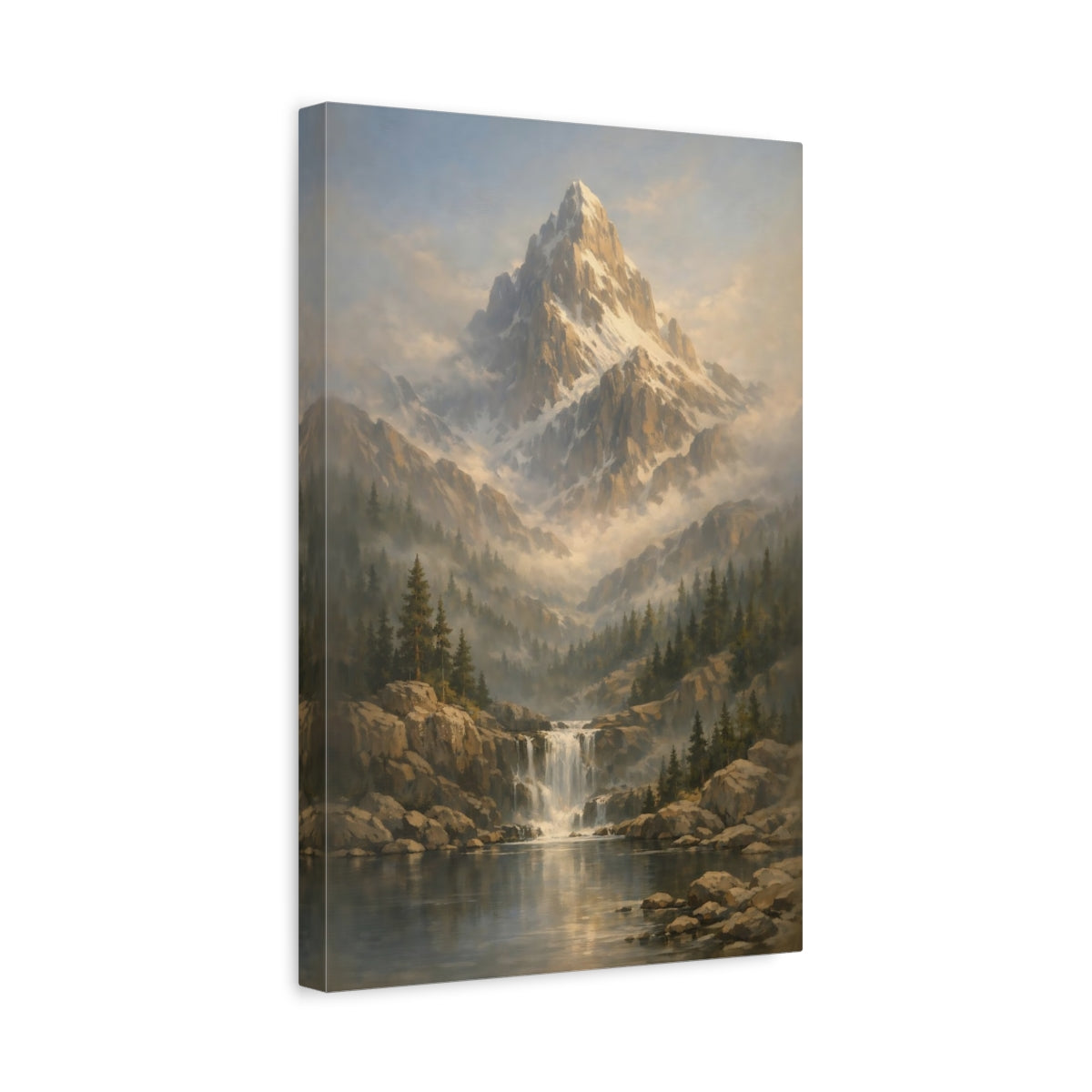Side Mockup 4. Nature Snowy Mountain Mountain Waterfall shown as stretched canvas wall art