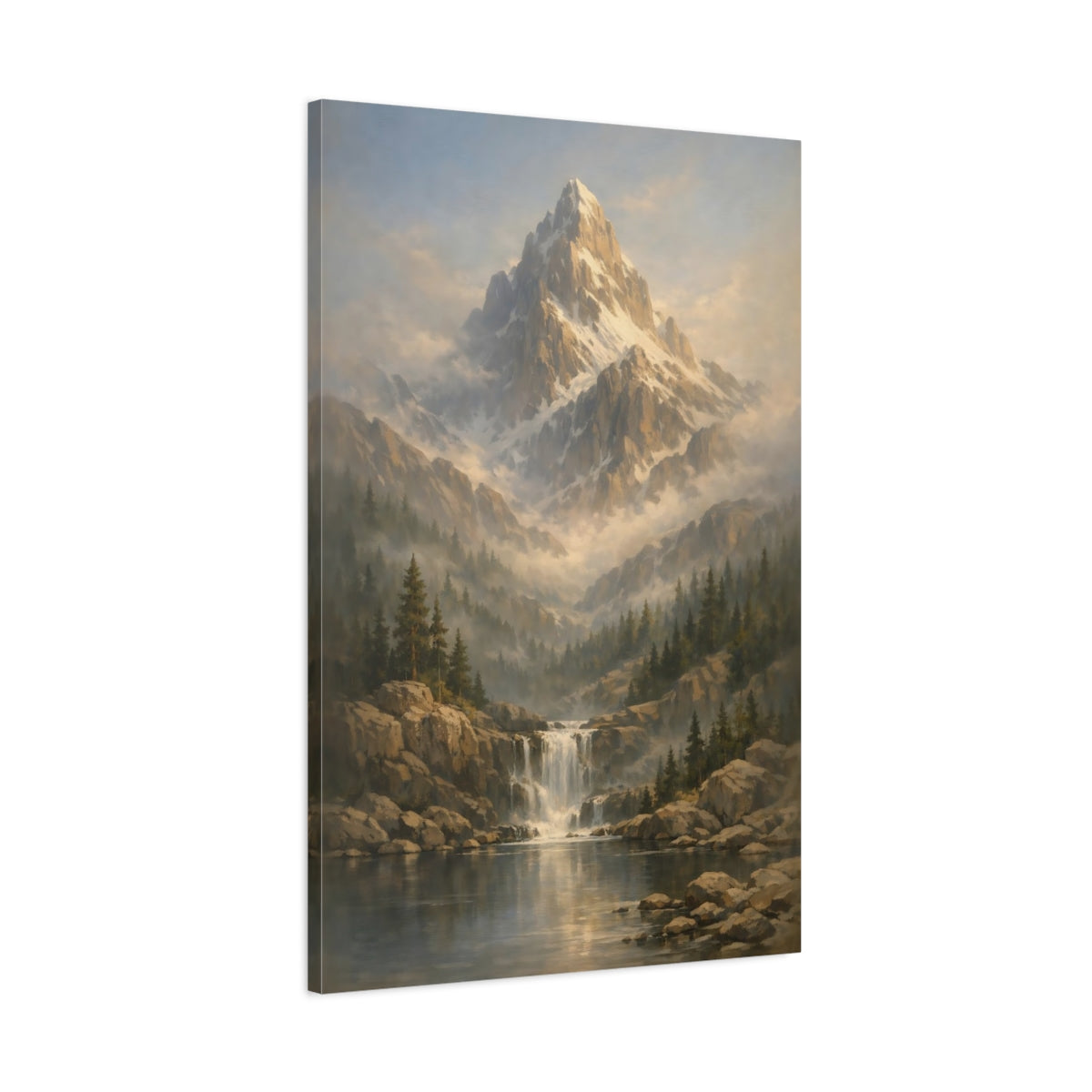 Side Mockup 1. Nature Snowy Mountain Mountain Waterfall shown as stretched canvas wall art