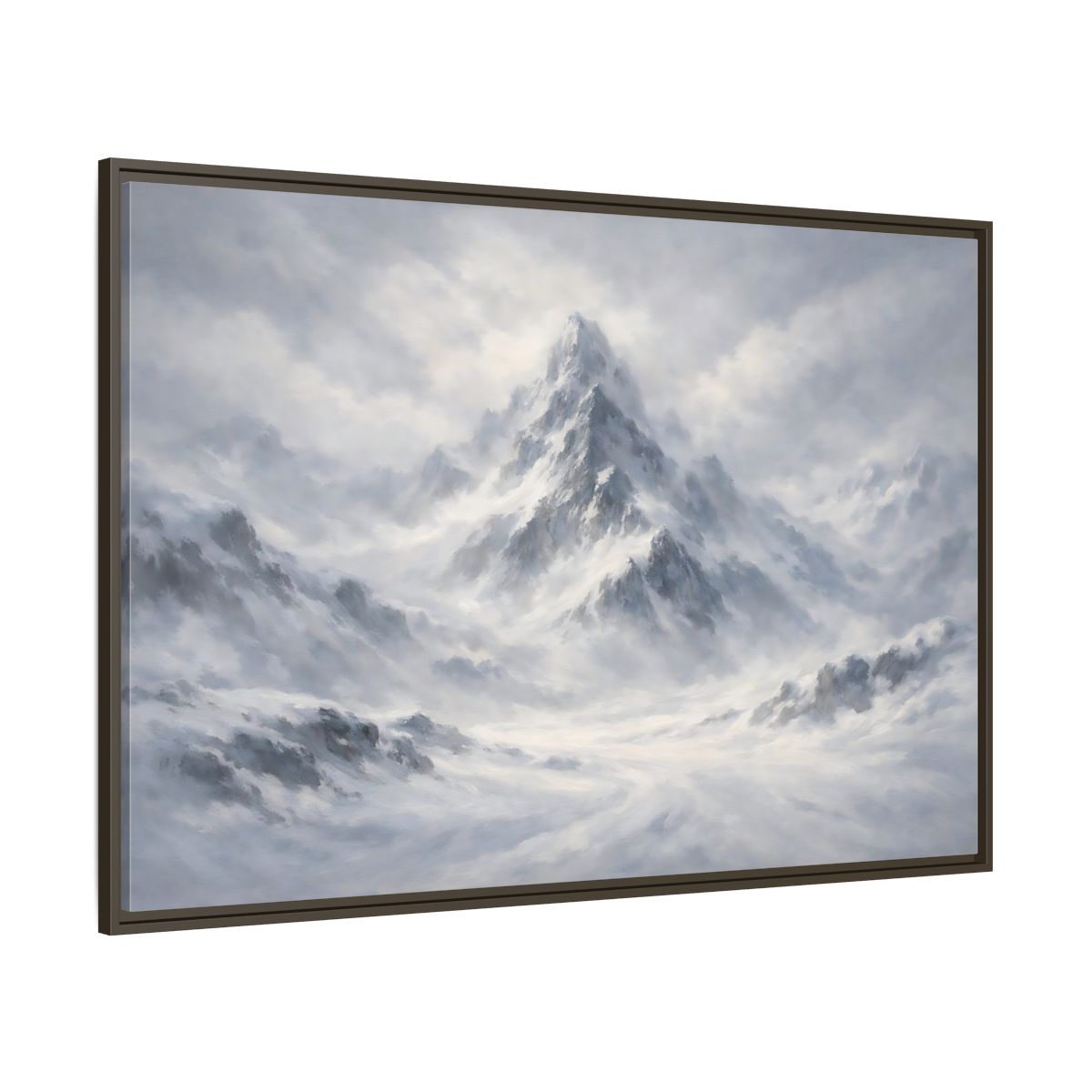 Main Mockup. Nature Snowy Mountain White And Grey Mountain shown as stretched canvas wall art