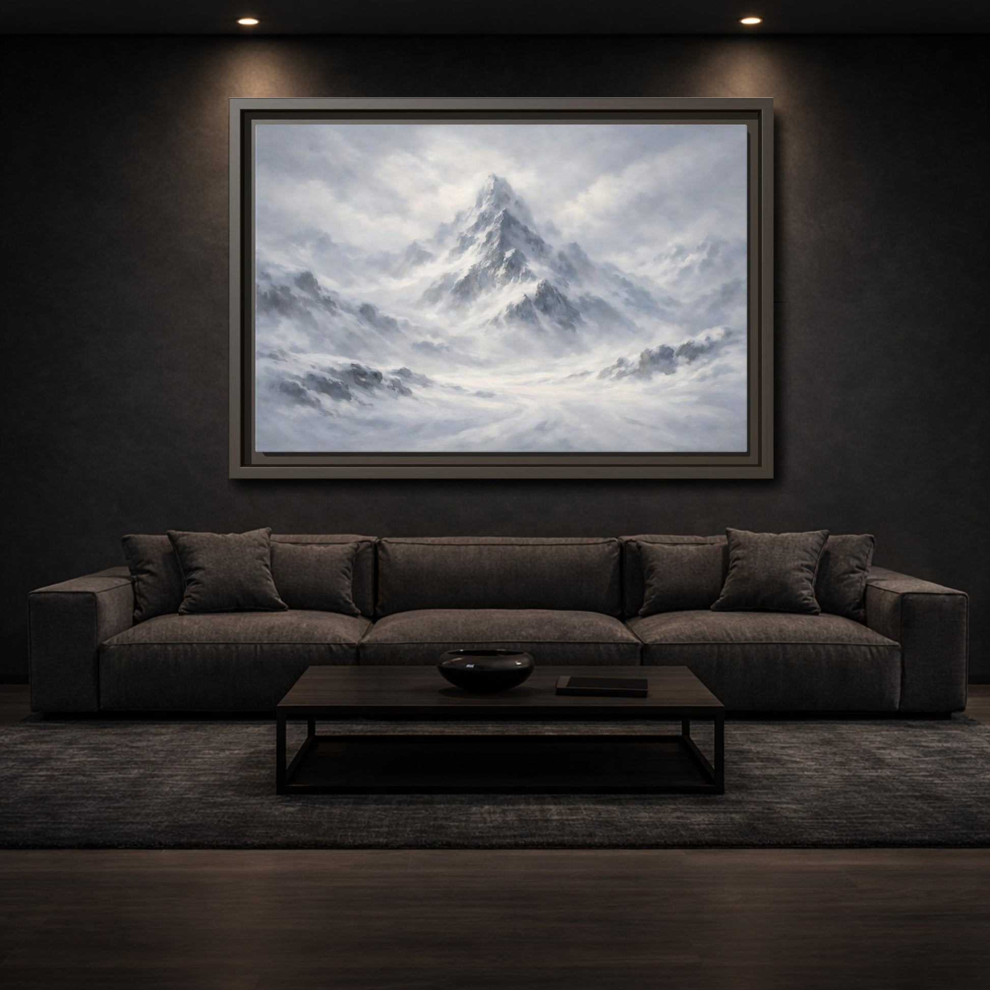 Mockup 2. Nature Snowy Mountain White And Grey Mountain shown as stretched canvas wall art