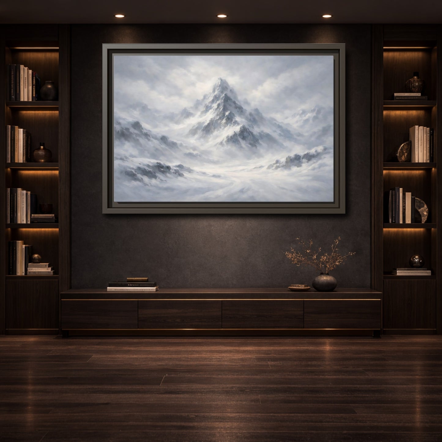 Mockup 3. Nature Snowy Mountain White And Grey Mountain shown as stretched canvas wall art
