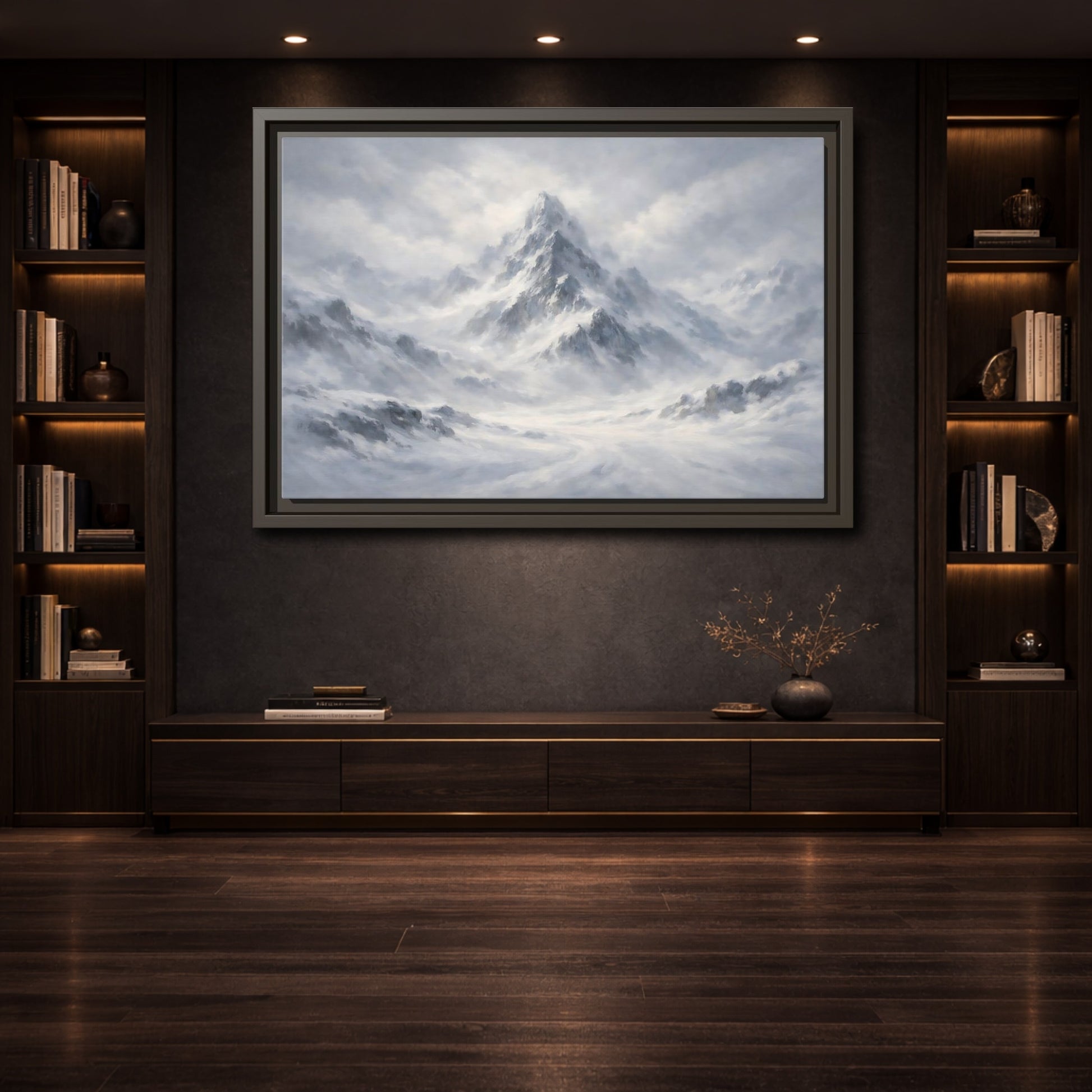 Mockup 3. Nature Snowy Mountain White And Grey Mountain shown as stretched canvas wall art