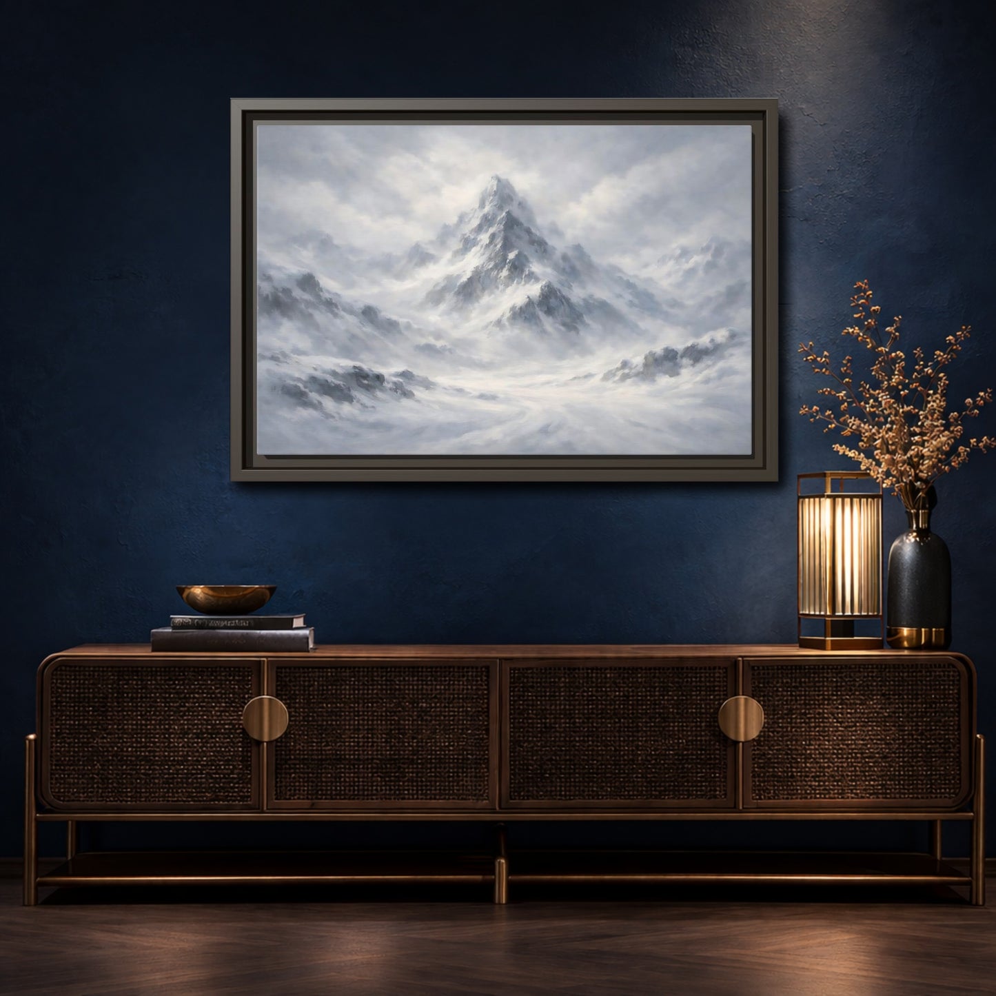 Mockup 4. Nature Snowy Mountain White And Grey Mountain shown as stretched canvas wall art