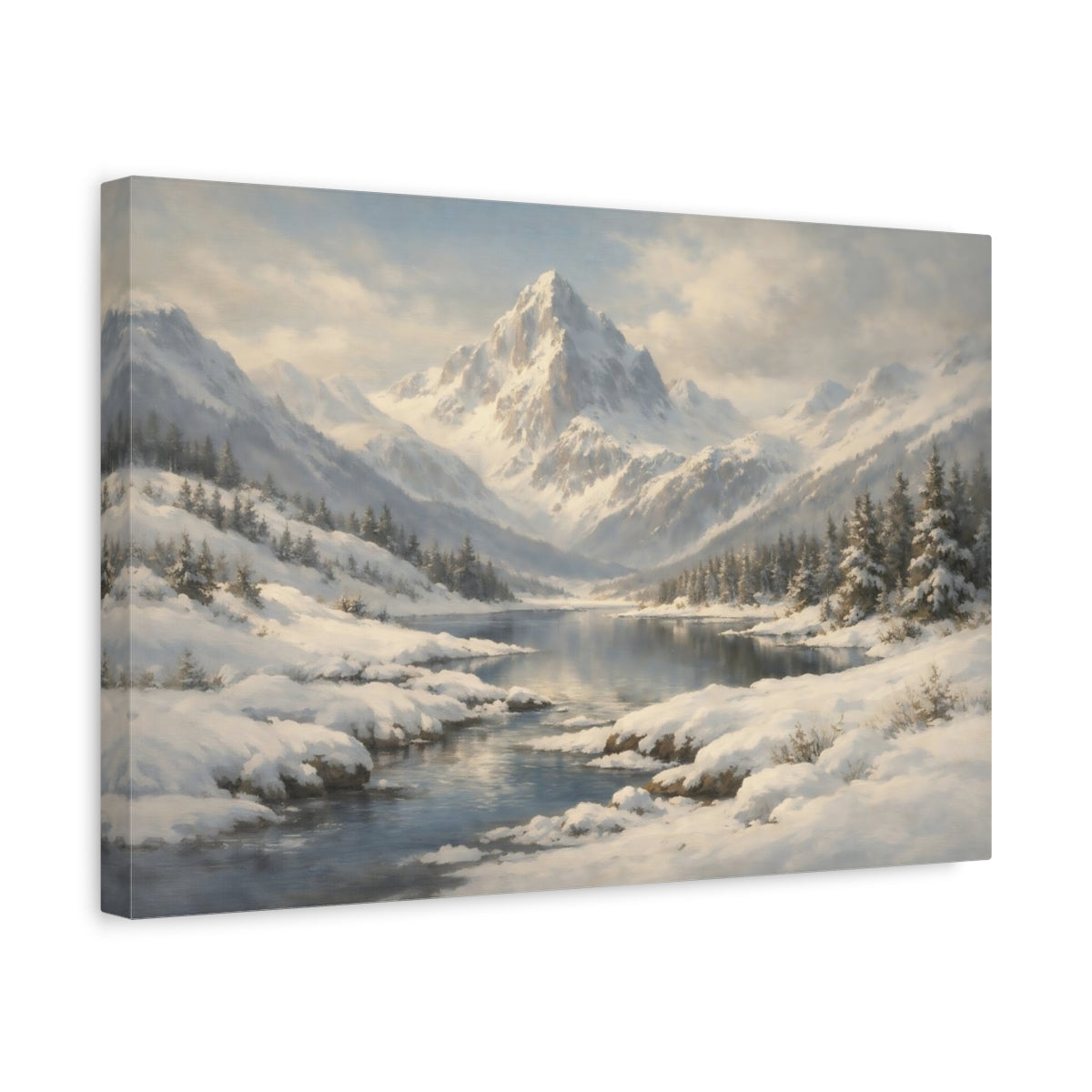 Side Mockup 4. Nature Snowy Mountain Winter Mountain shown as stretched canvas wall art