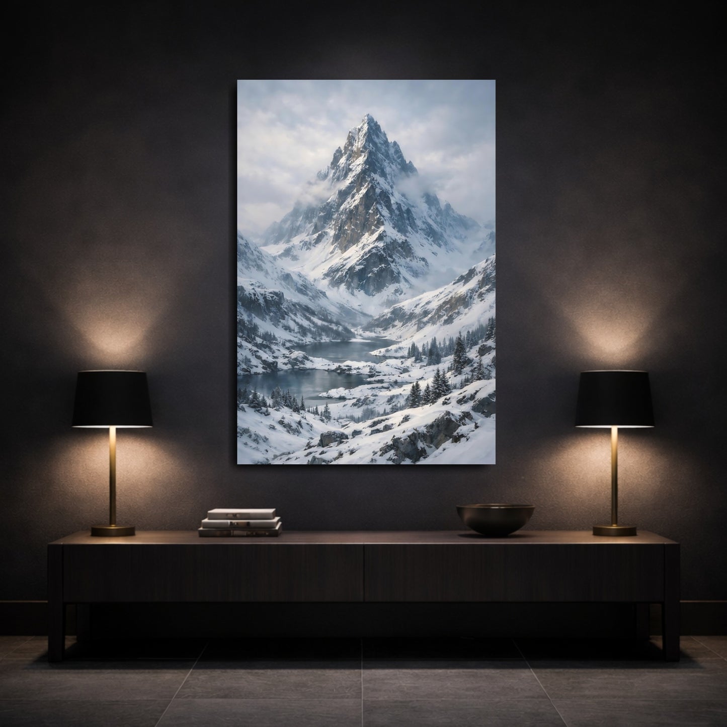 Mockup 2. Nature Snowy Mountain Winter Mountain Lake shown as stretched canvas wall art