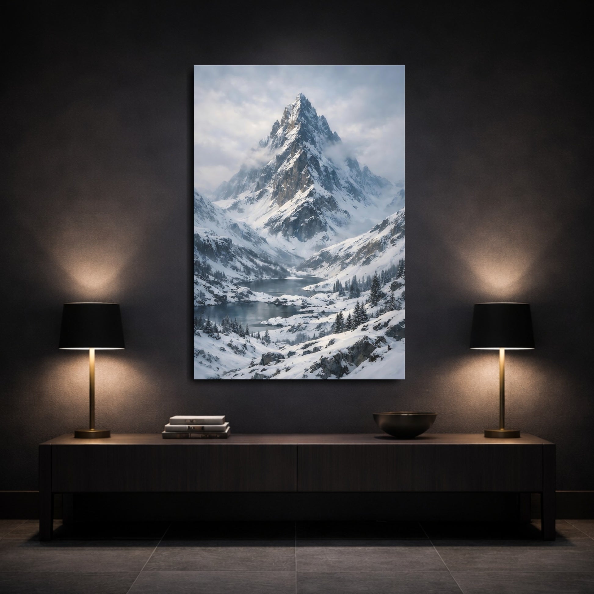 Mockup 2. Nature Snowy Mountain Winter Mountain Lake shown as stretched canvas wall art