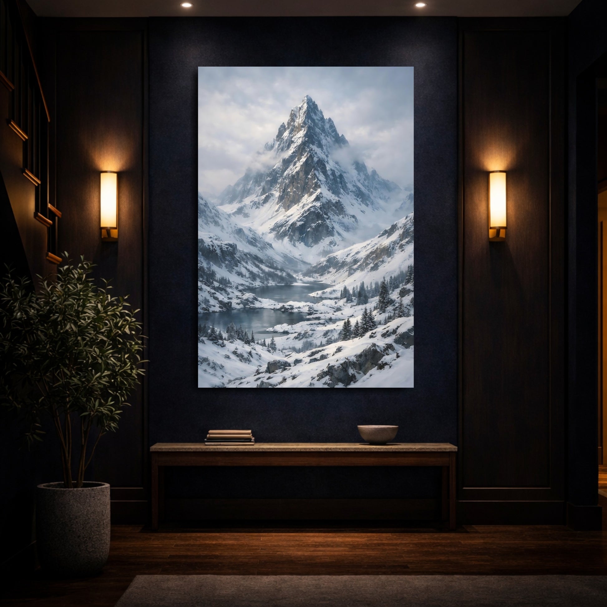 Mockup 3. Nature Snowy Mountain Winter Mountain Lake shown as stretched canvas wall art