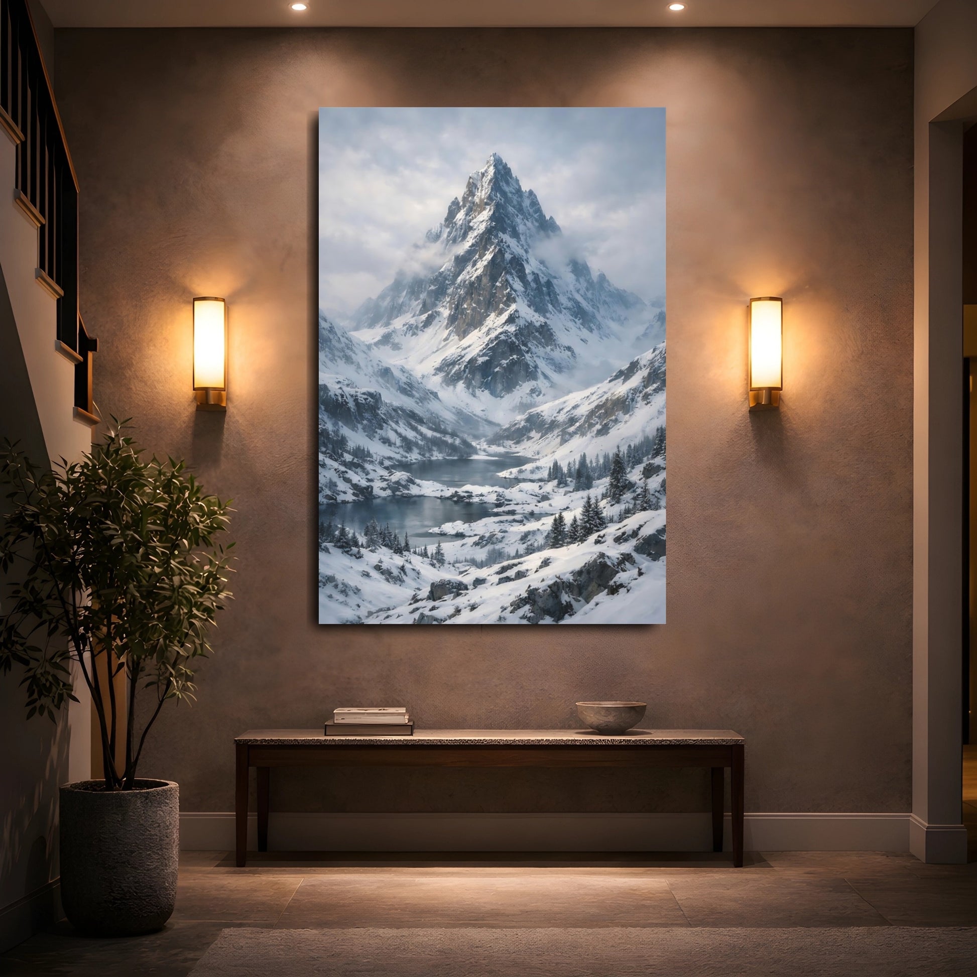 Mockup 4. Nature Snowy Mountain Winter Mountain Lake shown as stretched canvas wall art