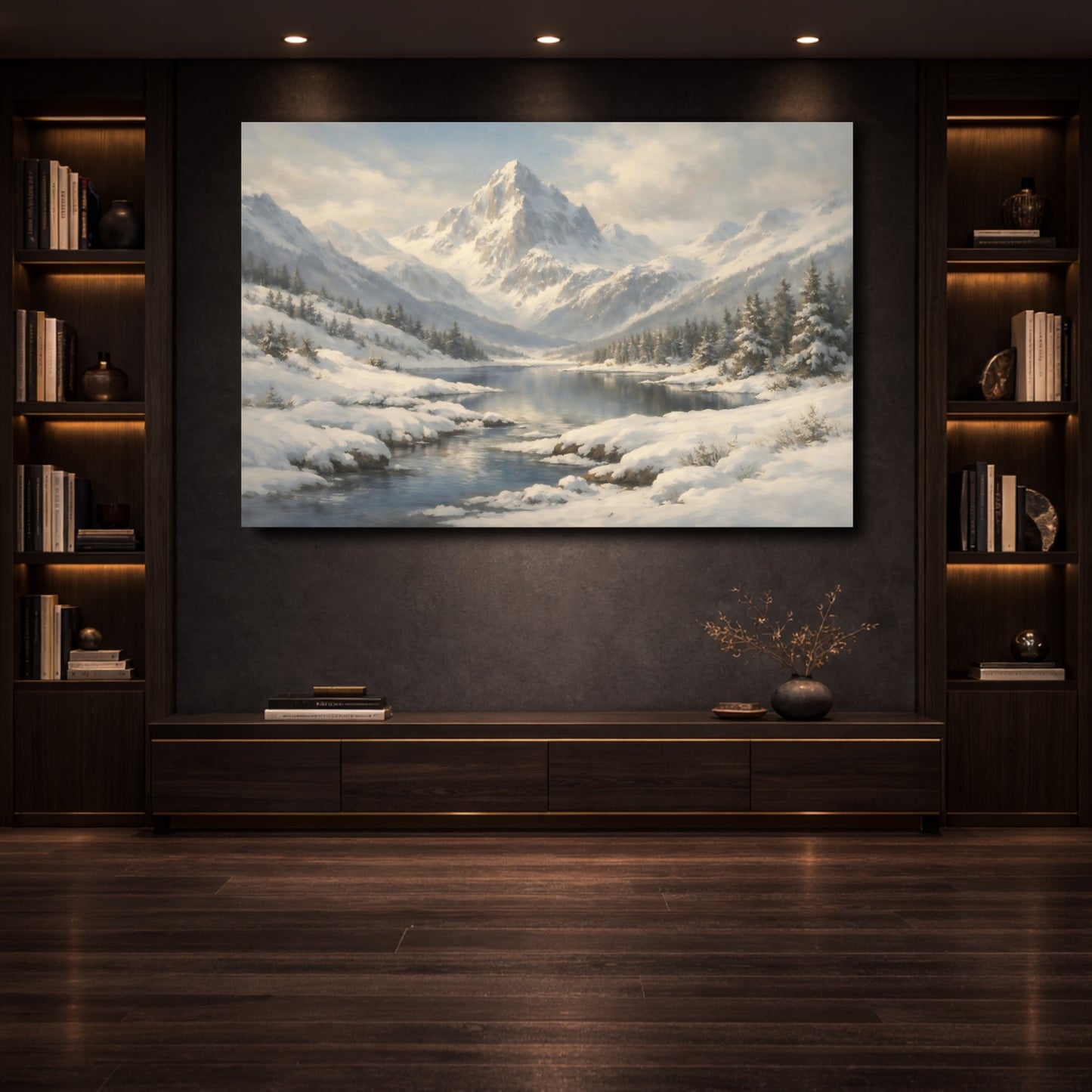Mockup 3. Nature Snowy Mountain Winter Mountain shown as stretched canvas wall art