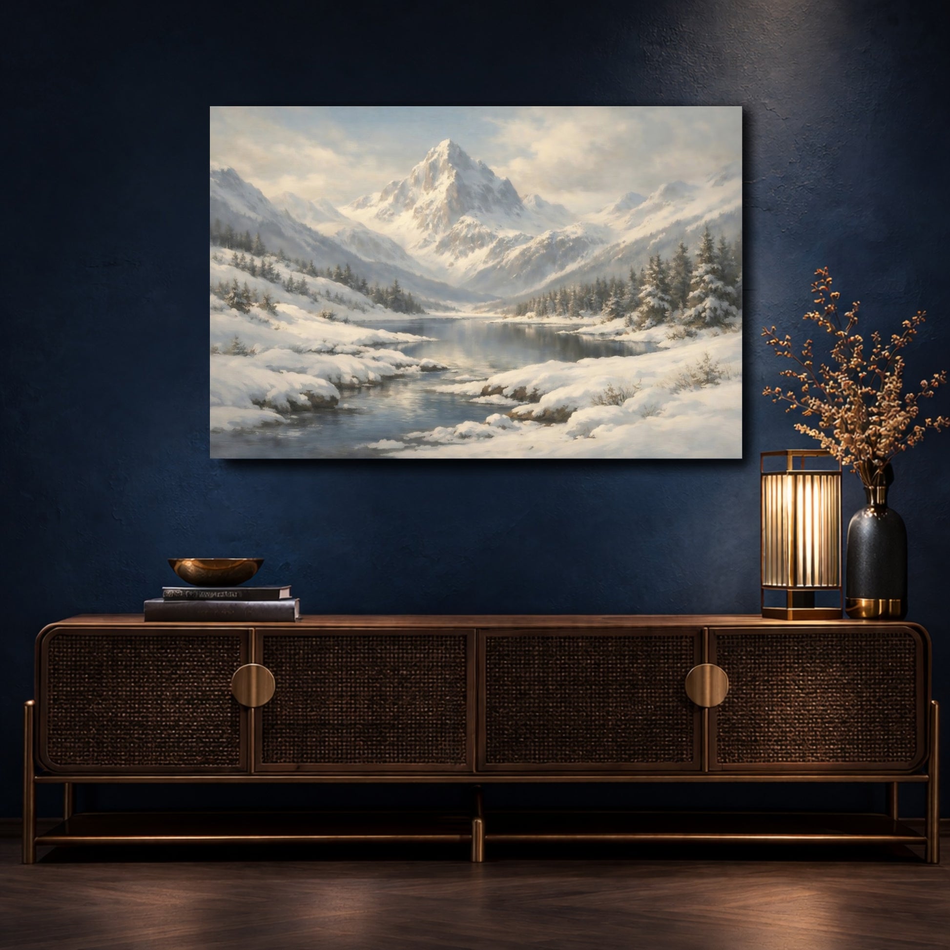 Mockup 4. Nature Snowy Mountain Winter Mountain shown as stretched canvas wall art
