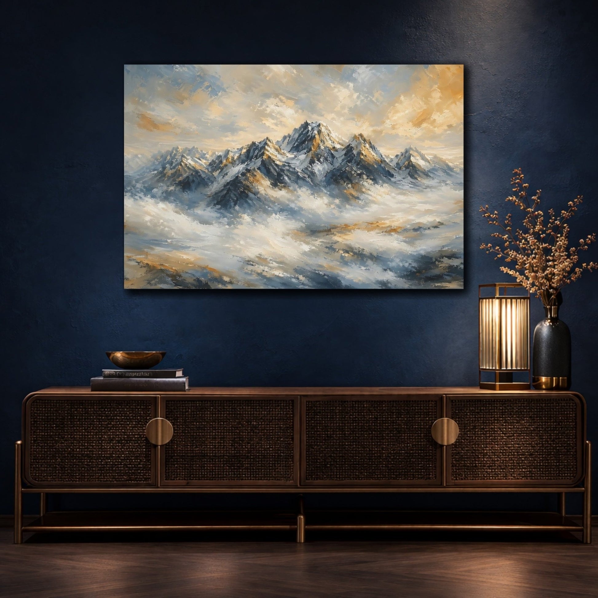 Nature Snowy Mountains Blue And Gold Canvas Print – Impressionist Living Room, Above Sofa - YesArtYes