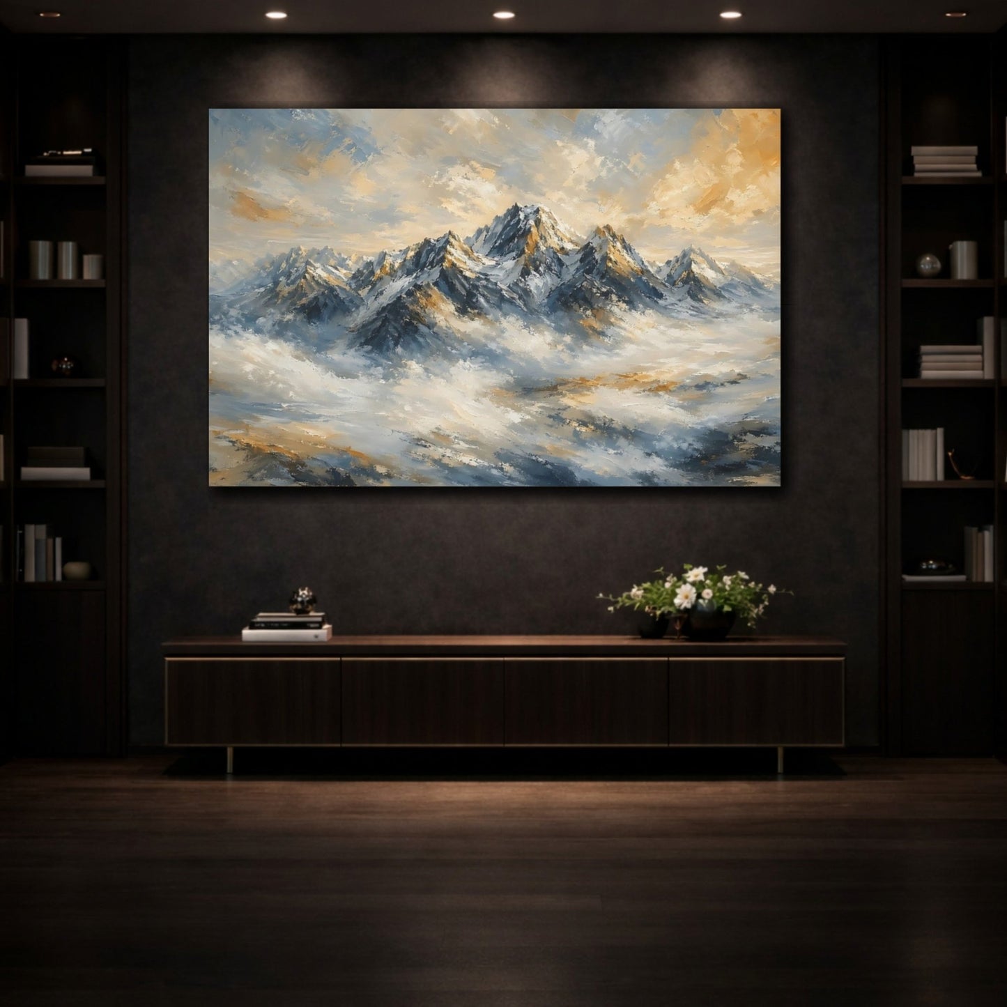 Nature Snowy Mountains Blue And Gold Canvas Print – Impressionist Living Room, Above Sofa - YesArtYes