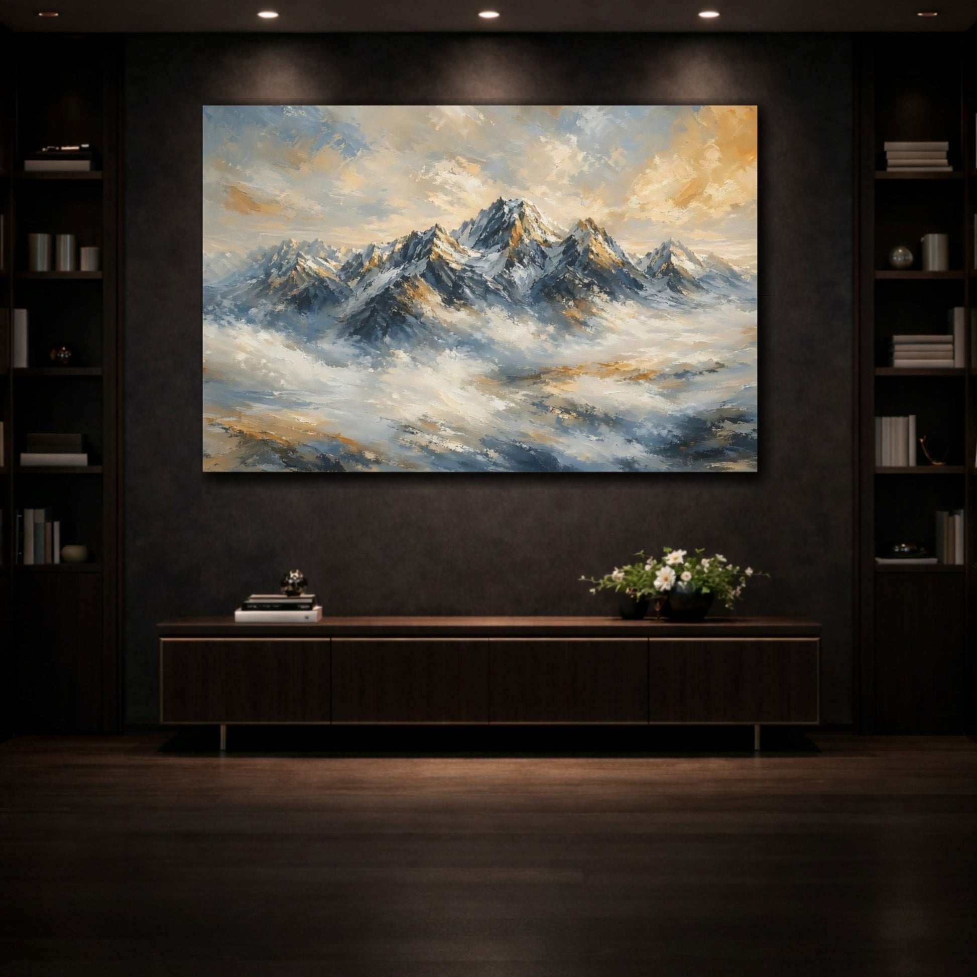 Nature Snowy Mountains Blue And Gold Canvas Print – Impressionist Living Room, Above Sofa - YesArtYes
