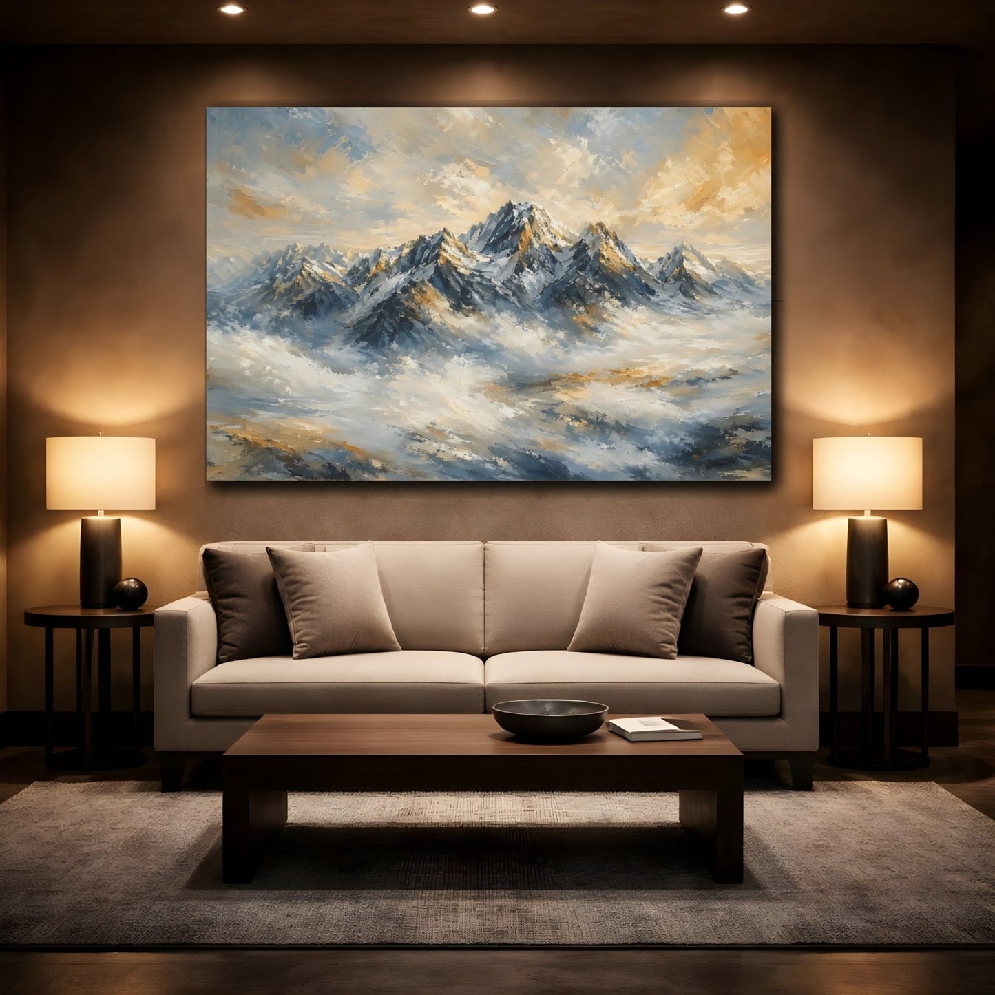 Nature Snowy Mountains Blue And Gold Canvas Print – Impressionist Living Room, Above Sofa - YesArtYes