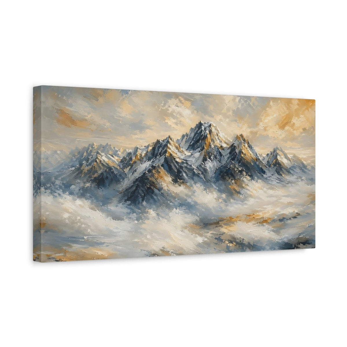 Side Mockup 3. Nature Snowy Mountains Blue And Gold Mountains shown as stretched canvas wall art