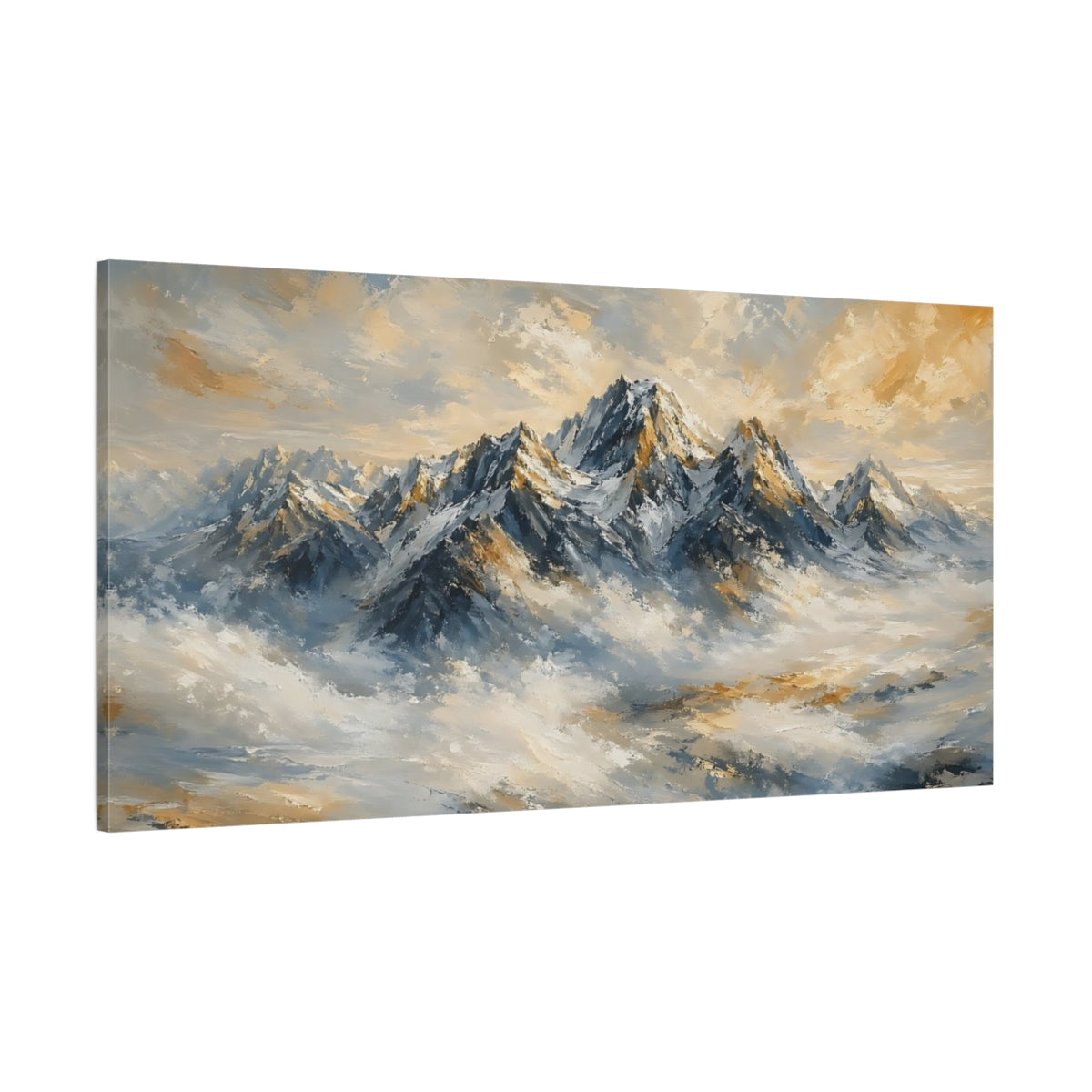 Side Mockup 2. Nature Snowy Mountains Blue And Gold Mountains shown as stretched canvas wall art