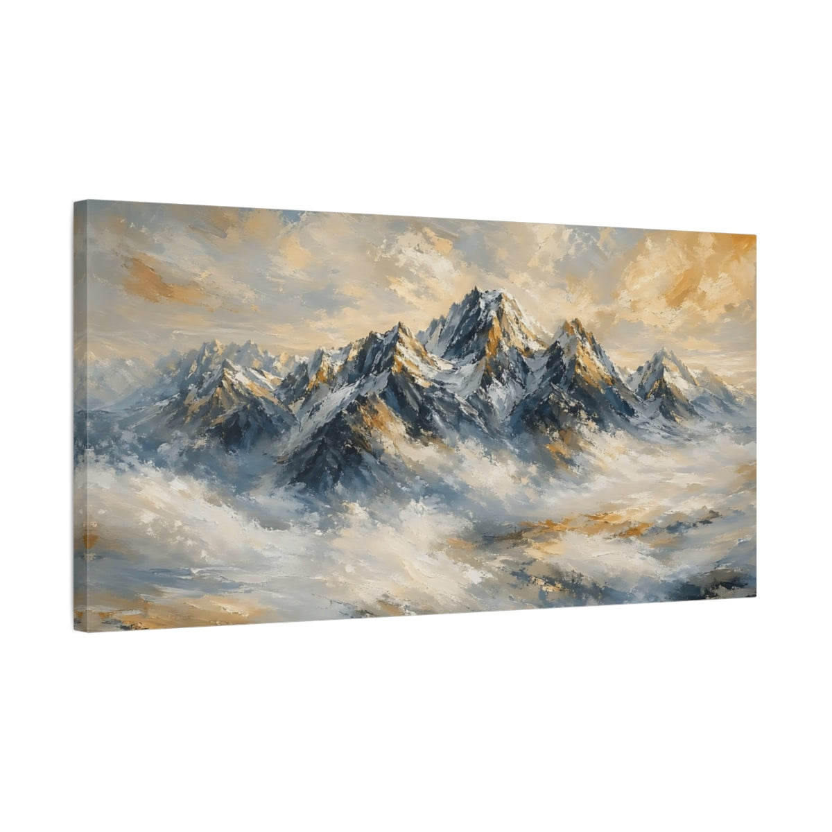 Side Mockup 1. Nature Snowy Mountains Blue And Gold Mountains shown as stretched canvas wall art