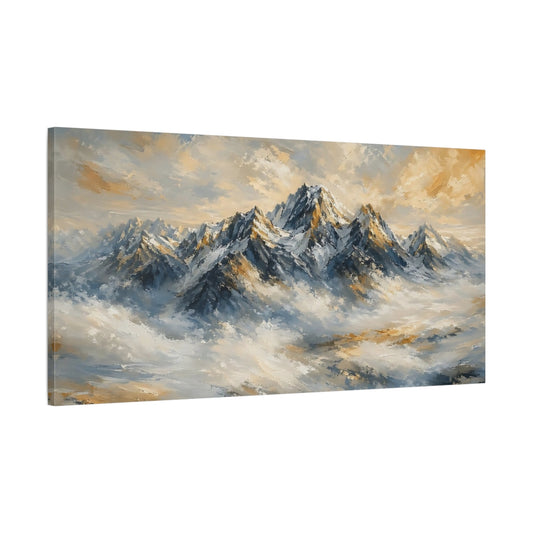 Main Mockup. Nature Snowy Mountains Blue And Gold Mountains shown as stretched canvas wall art