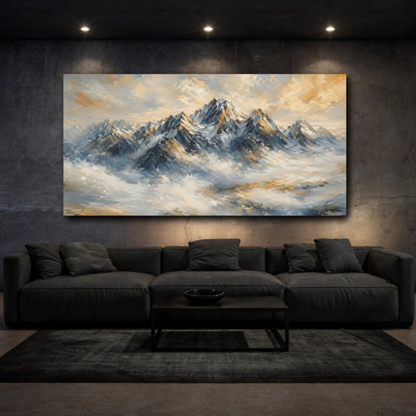 Mockup 2. Nature Snowy Mountains Blue And Gold Mountains shown as stretched canvas wall art