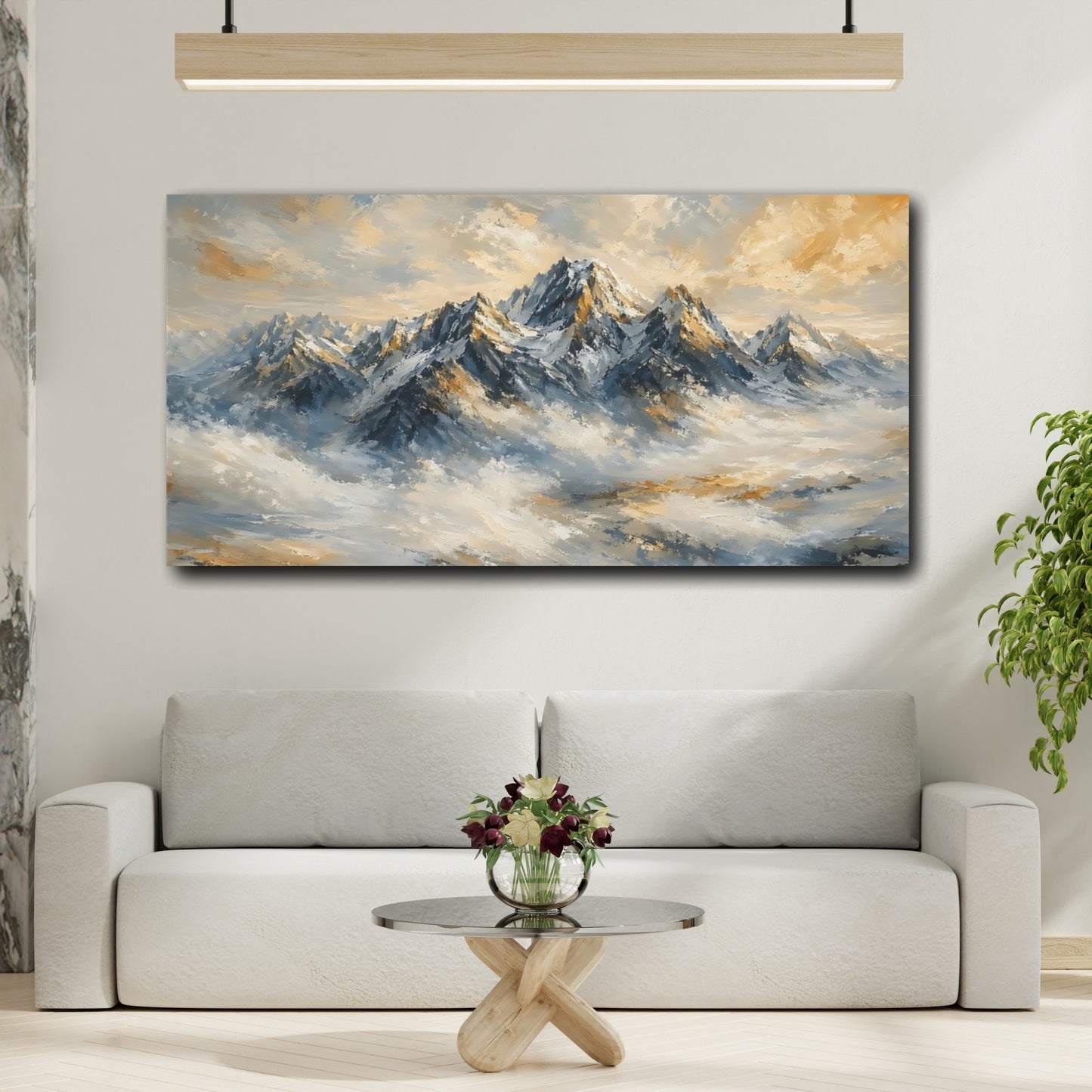 Mockup 3. Nature Snowy Mountains Blue And Gold Mountains shown as stretched canvas wall art