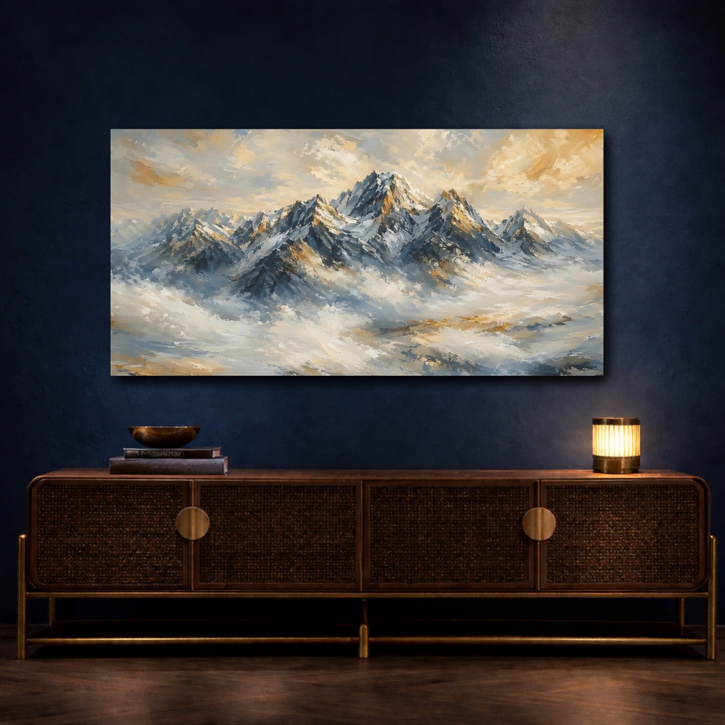 Mockup 4. Nature Snowy Mountains Blue And Gold Mountains shown as stretched canvas wall art