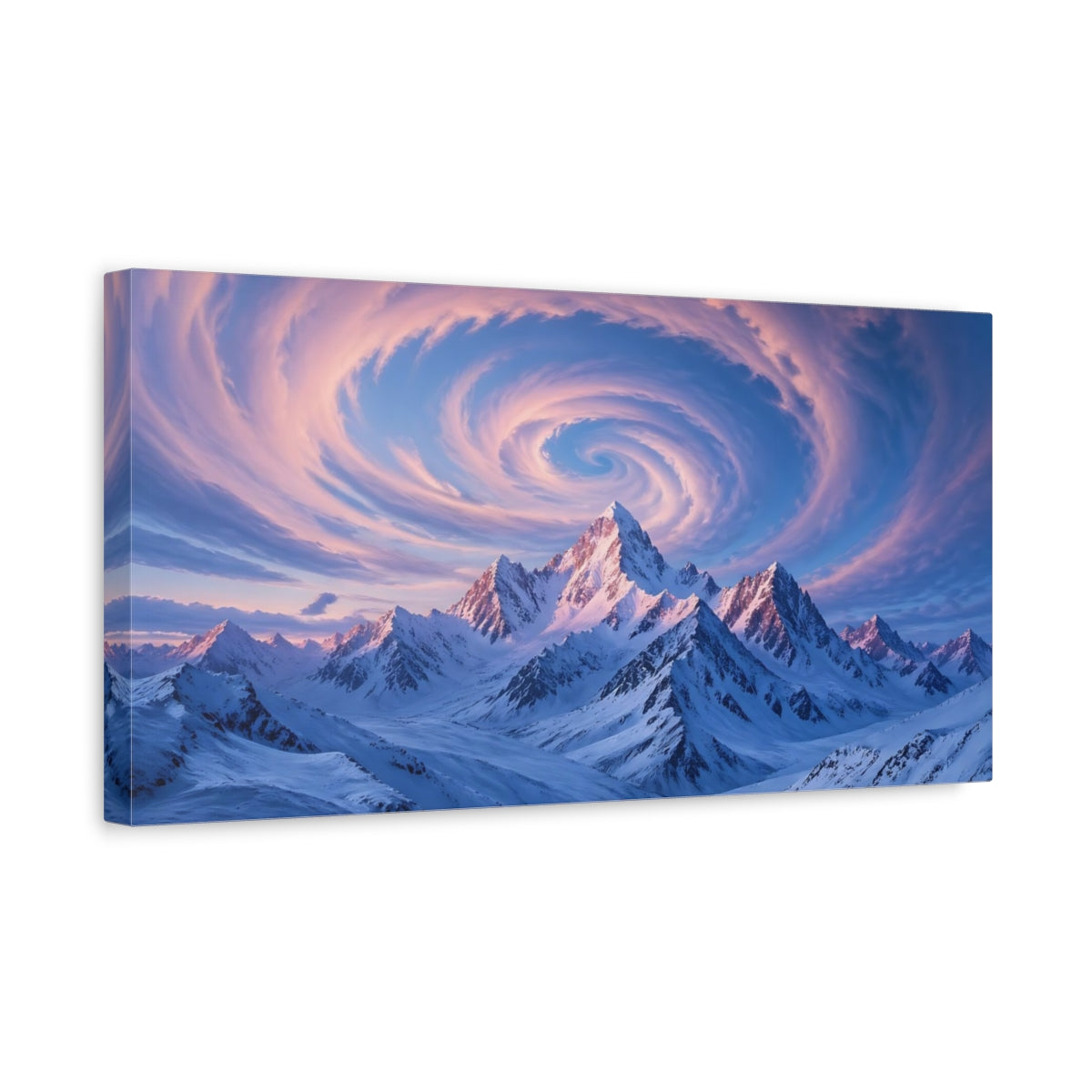 Side Mockup 3. Nature Snowy Mountains Blue And Pink Mountains shown as stretched canvas wall art