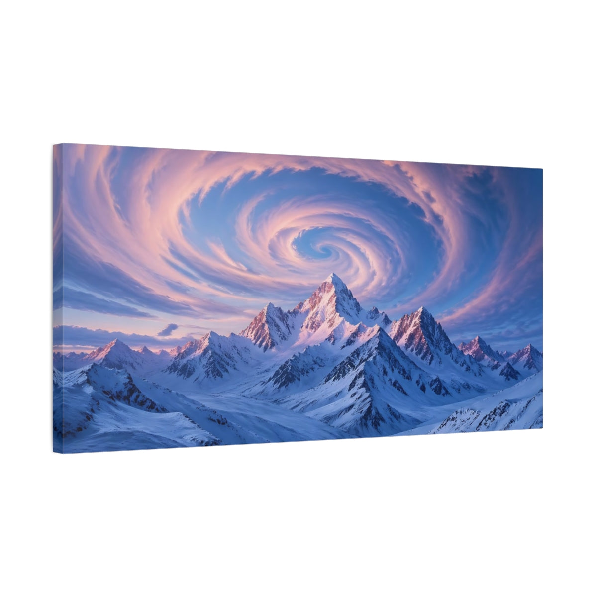 Side Mockup 1. Nature Snowy Mountains Blue And Pink Mountains shown as stretched canvas wall art