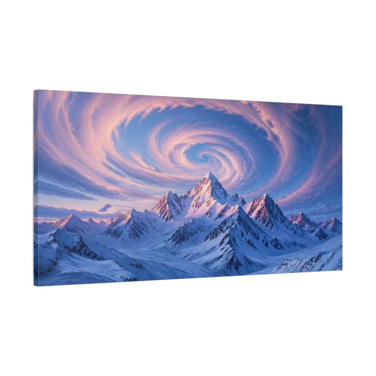Main Mockup. Nature Snowy Mountains Blue And Pink Mountains shown as stretched canvas wall art