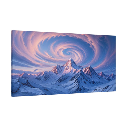 Main Mockup. Nature Snowy Mountains Blue And Pink Mountains shown as stretched canvas wall art