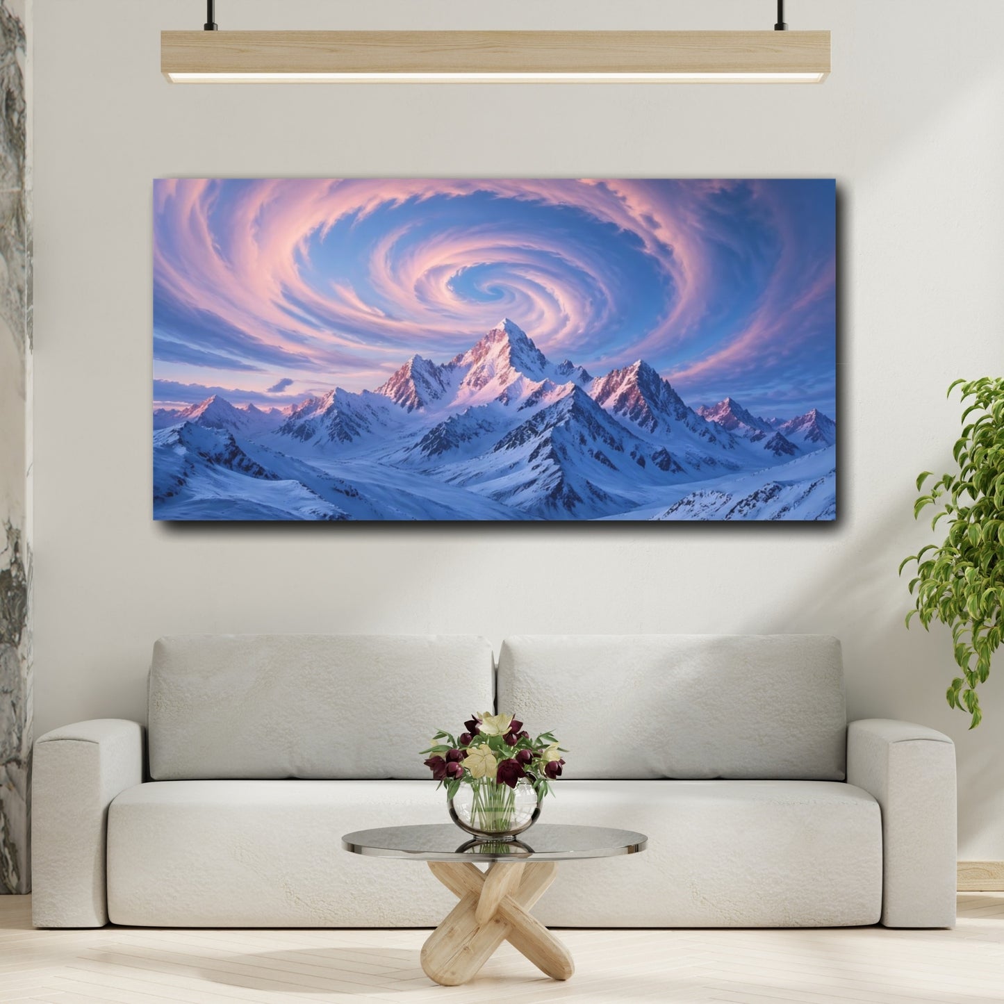 Mockup 3. Nature Snowy Mountains Blue And Pink Mountains shown as stretched canvas wall art