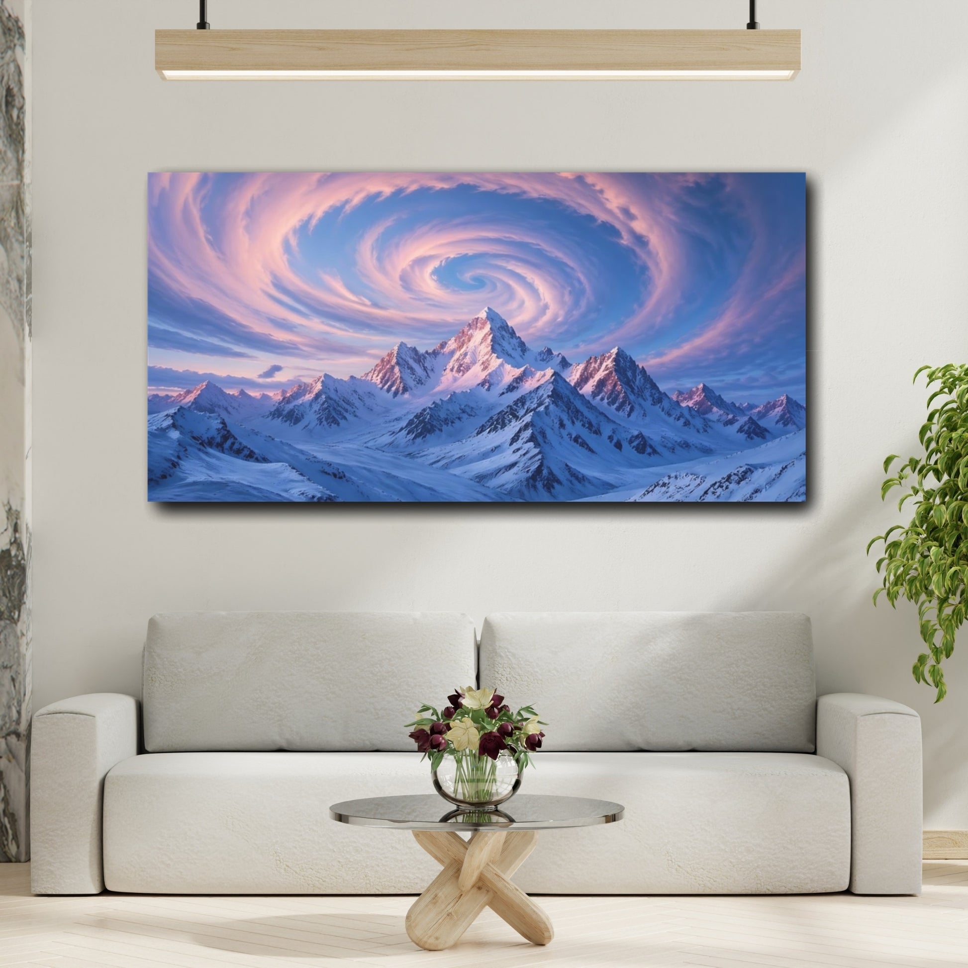 Mockup 3. Nature Snowy Mountains Blue And Pink Mountains shown as stretched canvas wall art