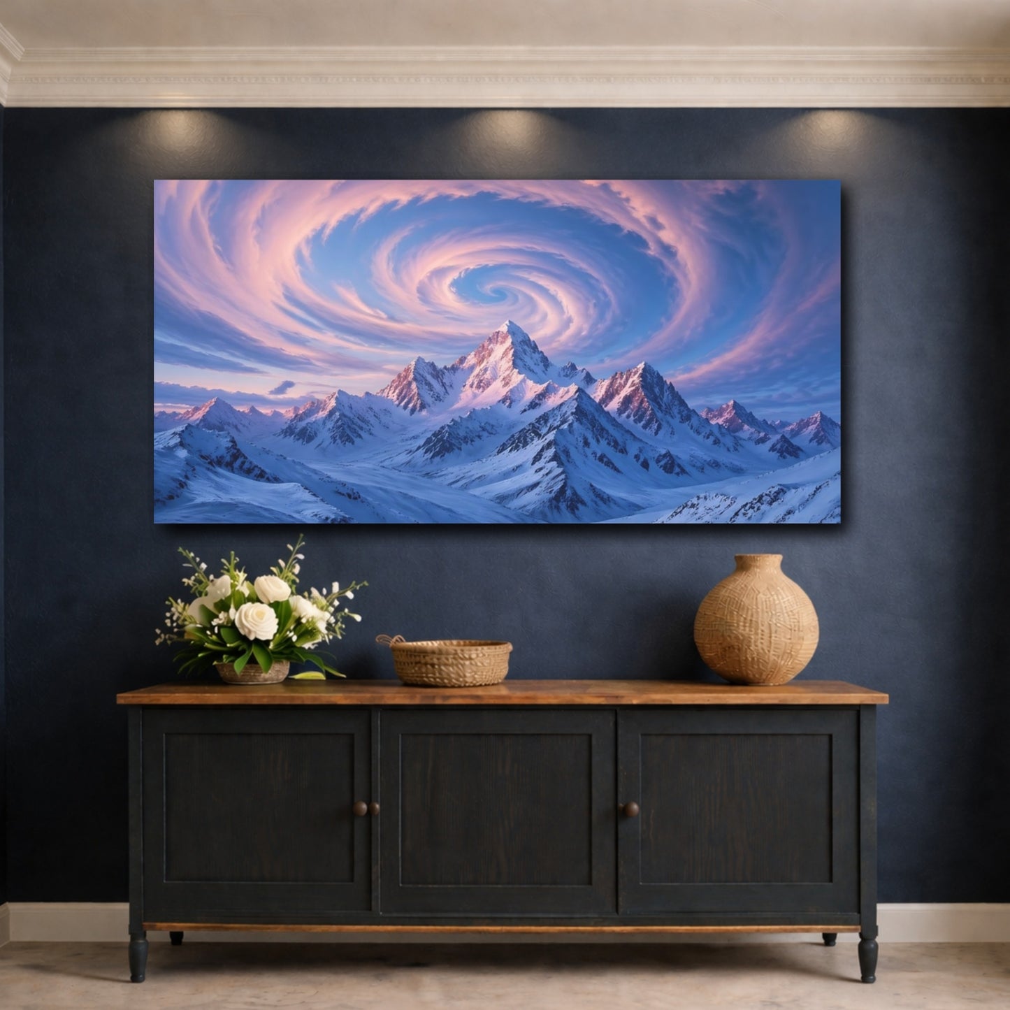 Mockup 4. Nature Snowy Mountains Blue And Pink Mountains shown as stretched canvas wall art