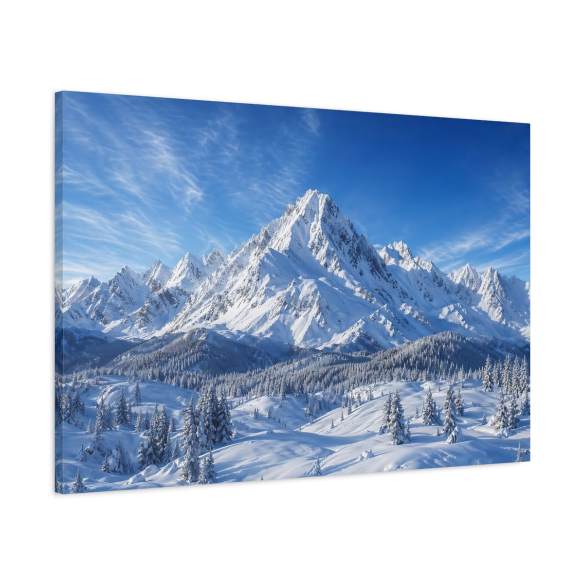 Main Mockup. Nature Snowy Mountains Blue And White shown as stretched canvas wall art
