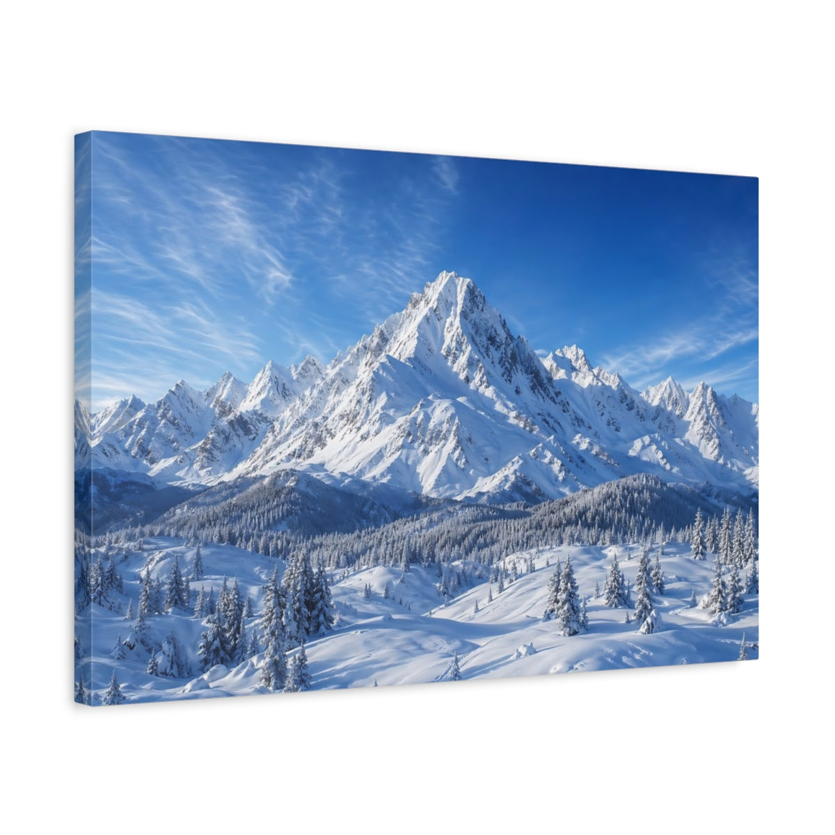 Side Mockup 3. Nature Snowy Mountains Blue And White shown as stretched canvas wall art