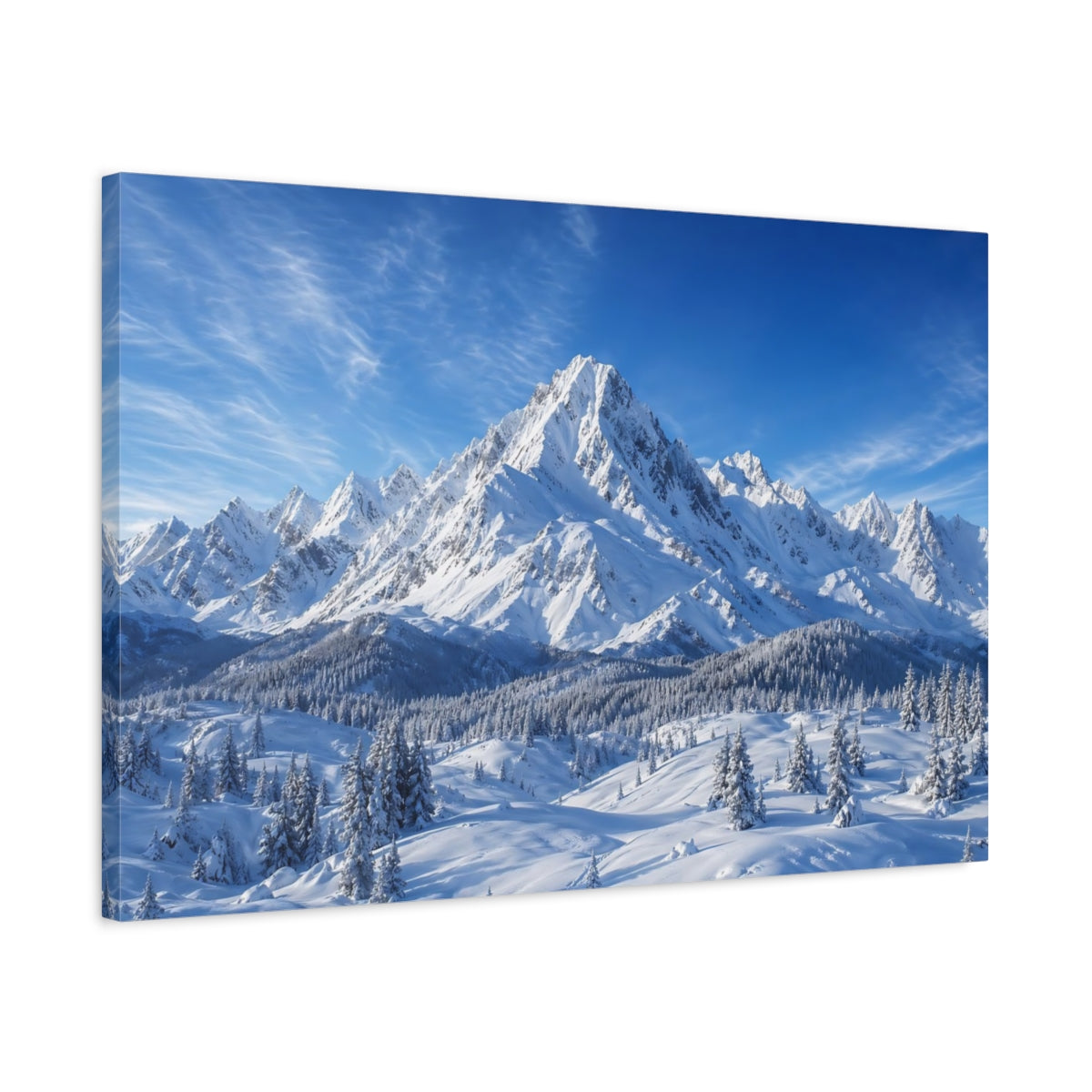 Side Mockup 2. Nature Snowy Mountains Blue And White shown as stretched canvas wall art