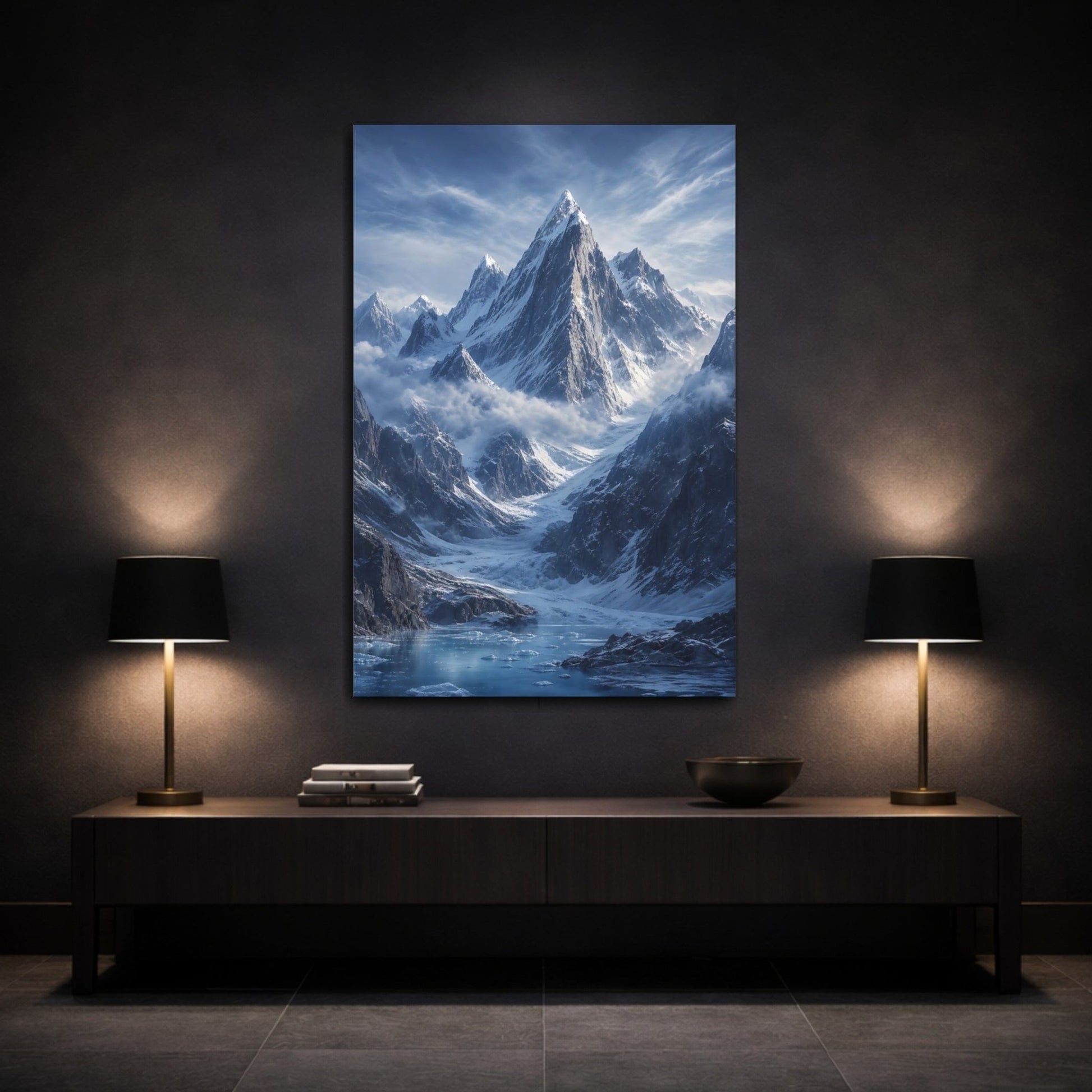 Nature Snowy Mountains Blue And White Canvas Wall Art Print – Realistic Living Room, Above Sofa - YesArtYes