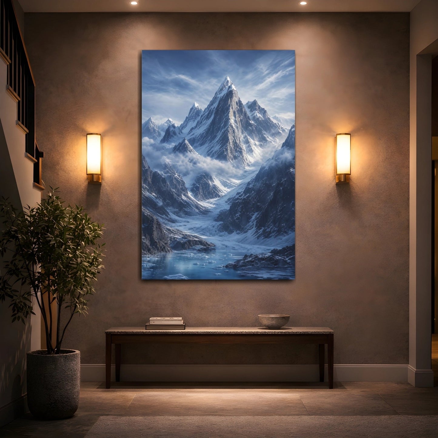 Nature Snowy Mountains Blue And White Canvas Wall Art Print – Realistic Living Room, Above Sofa - YesArtYes