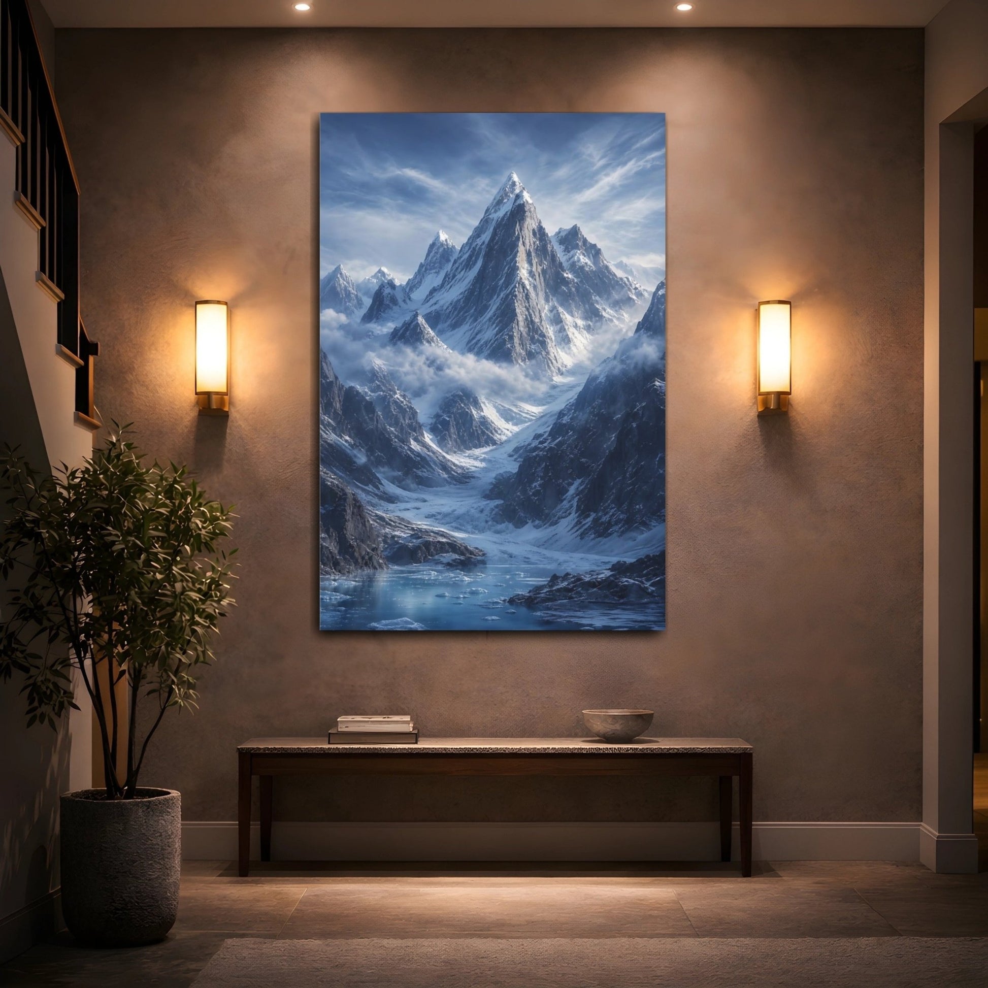 Nature Snowy Mountains Blue And White Canvas Wall Art Print – Realistic Living Room, Above Sofa - YesArtYes