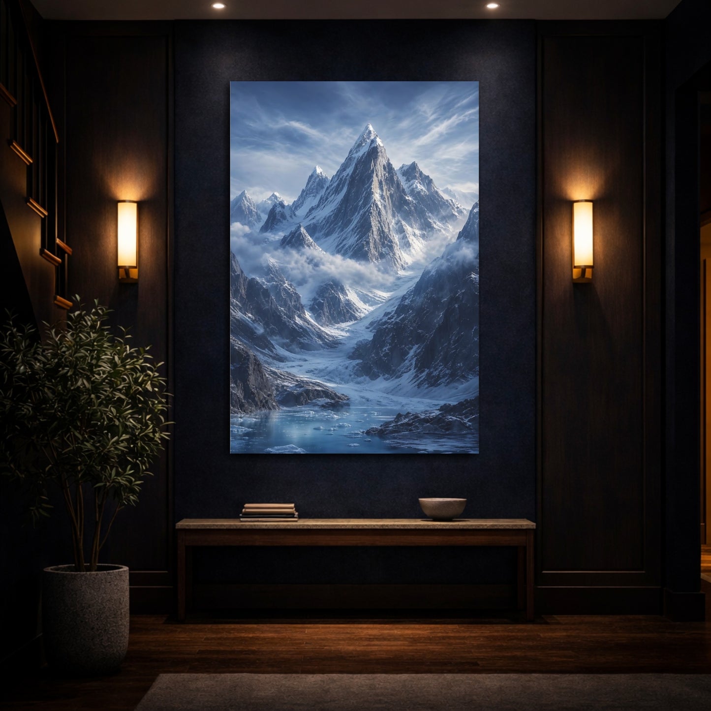 Mockup 4. Nature Snowy Mountains Blue And White Mountain shown as stretched canvas wall art