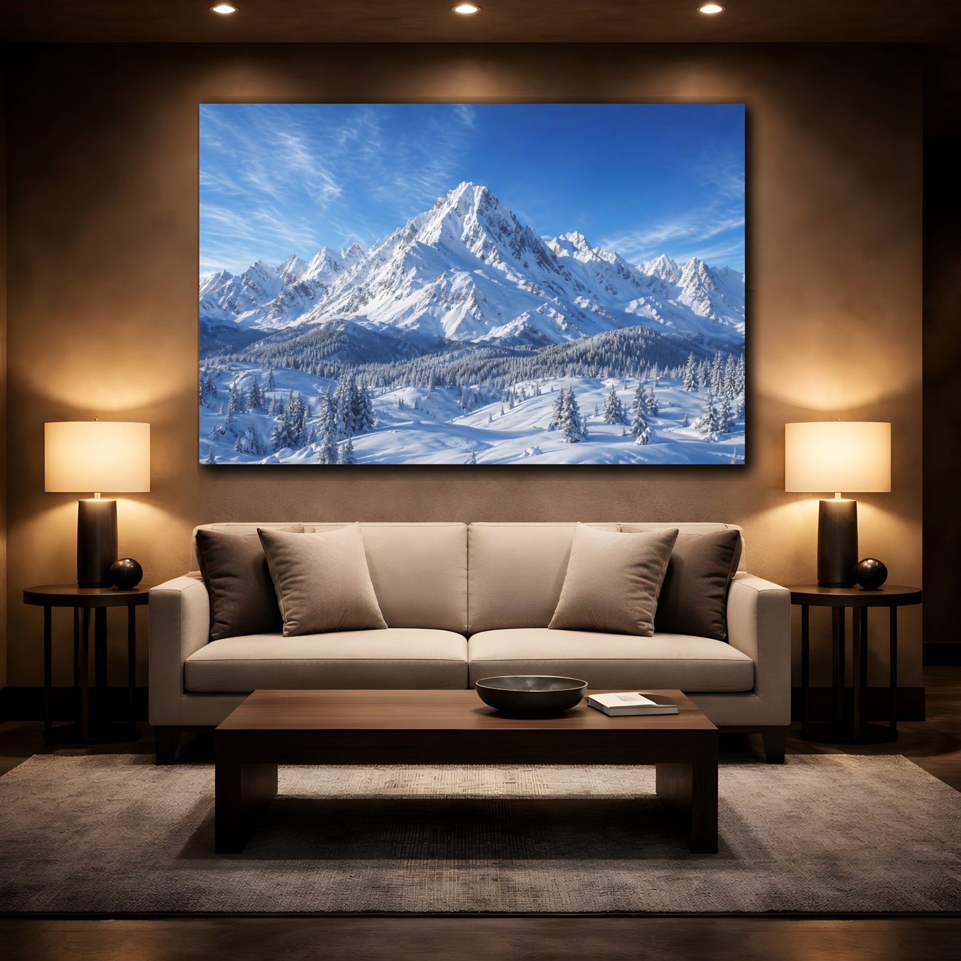 Mockup 2. Nature Snowy Mountains Blue And White shown as stretched canvas wall art