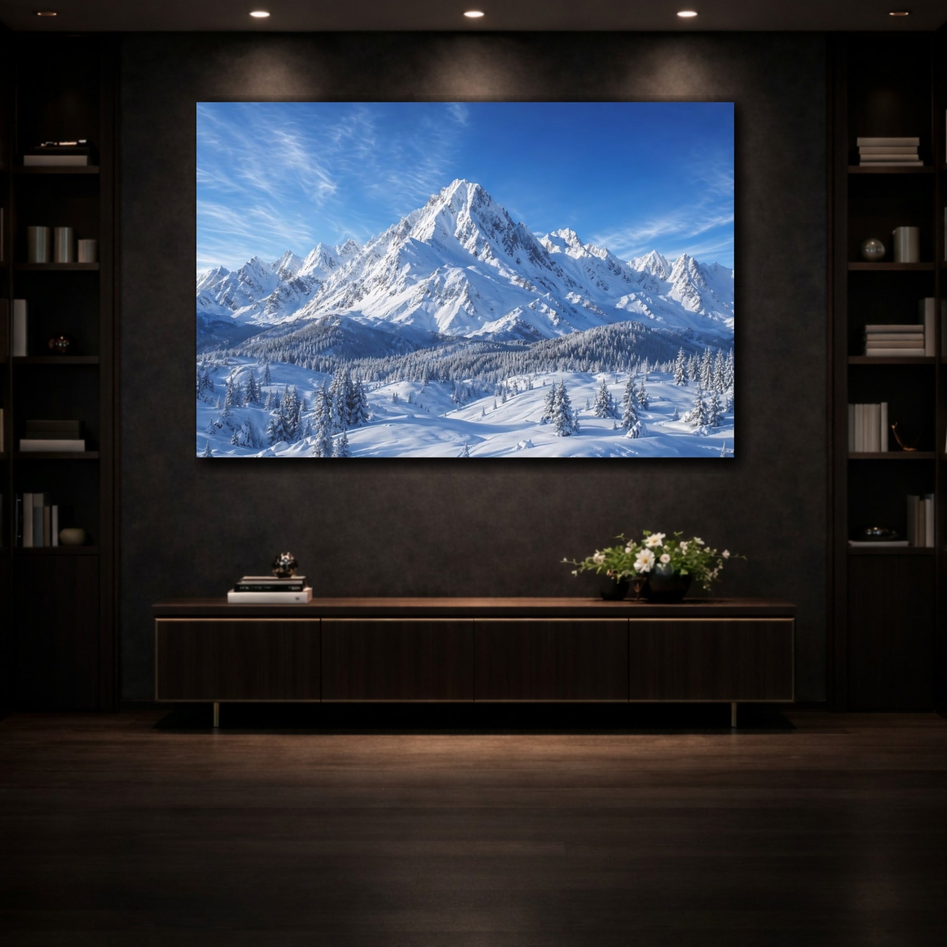Mockup 3. Nature Snowy Mountains Blue And White shown as stretched canvas wall art