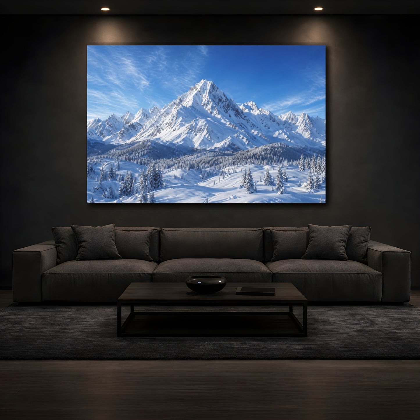 Mockup 4. Nature Snowy Mountains Blue And White shown as stretched canvas wall art