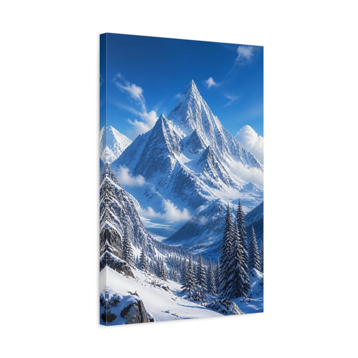 Side Mockup 3. Nature Snowy Mountains Snowy Mountains Blue shown as stretched canvas wall art