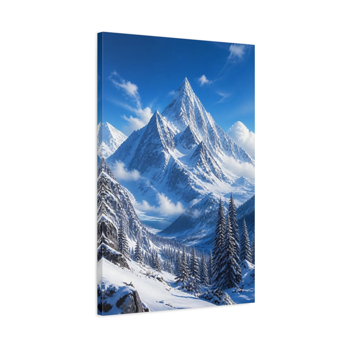 Side Mockup 2. Nature Snowy Mountains Snowy Mountains Blue shown as stretched canvas wall art