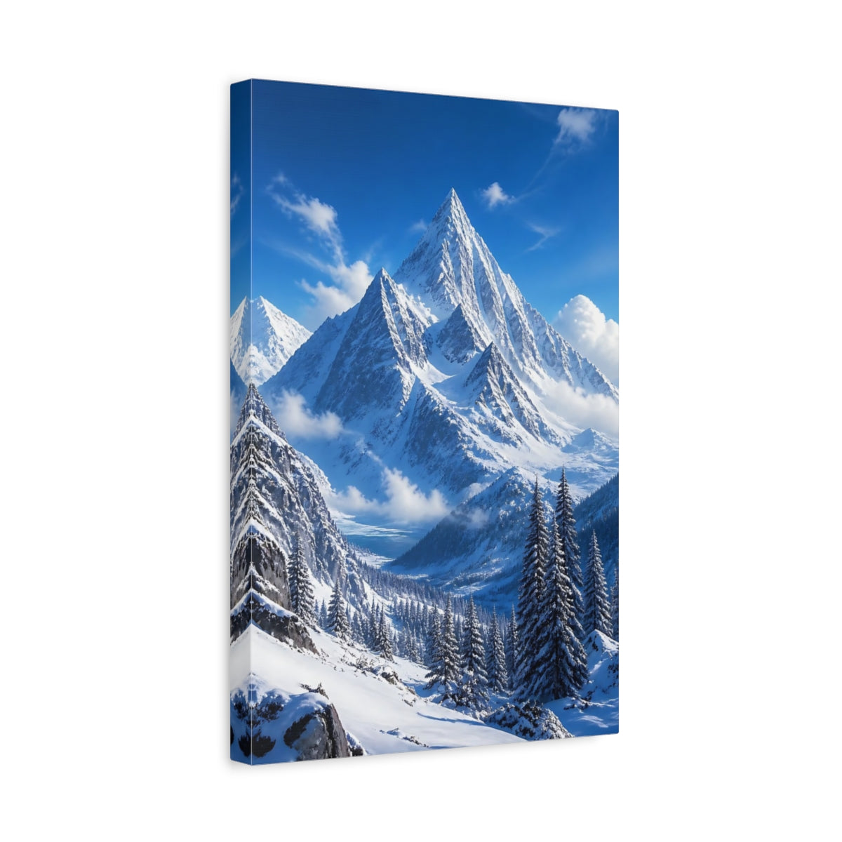 Side Mockup 4. Nature Snowy Mountains Snowy Mountains Blue shown as stretched canvas wall art