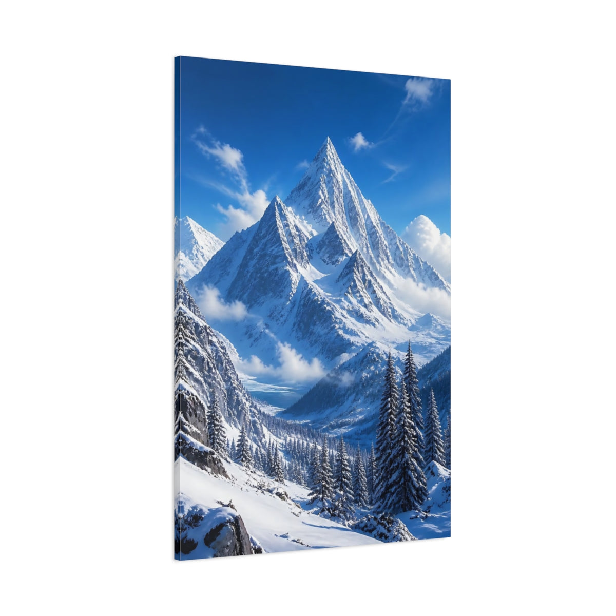Side Mockup 1. Nature Snowy Mountains Snowy Mountains Blue shown as stretched canvas wall art