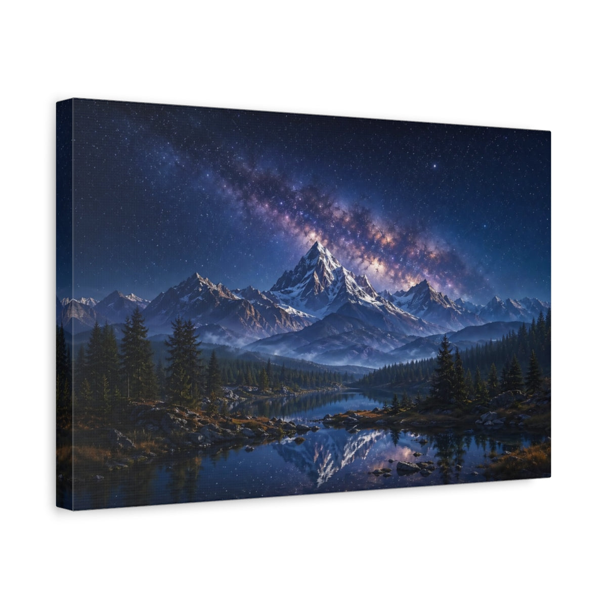 Side Mockup 4. Nature Snowy Mountains Blue Mountain Lake shown as stretched canvas wall art