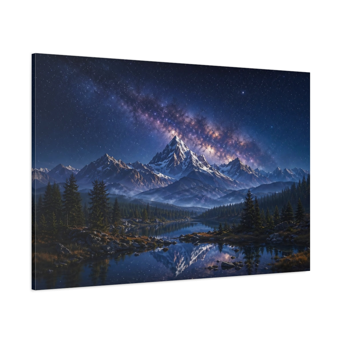 Side Mockup 1. Nature Snowy Mountains Blue Mountain Lake shown as stretched canvas wall art